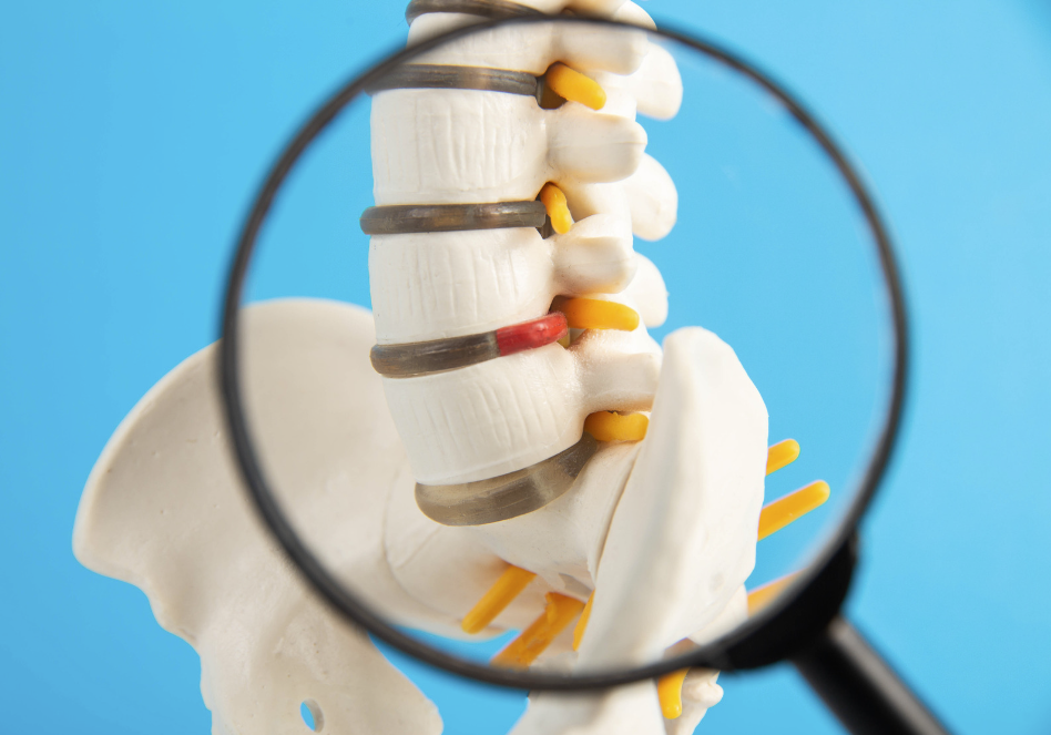 Spine model highlighting lumbar discs and sciatic nerve anatomy