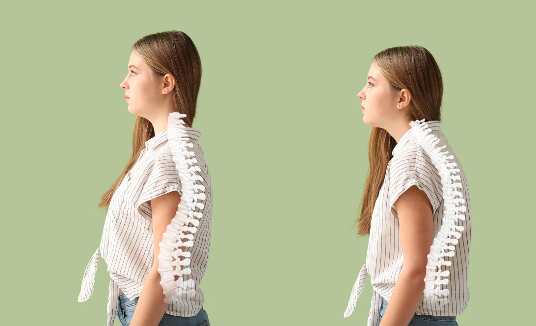 Posture comparison showing rounded and aligned spine positions