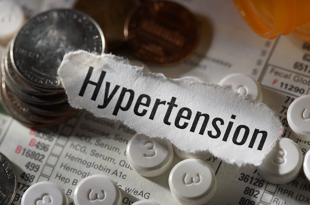 Hypertension label with medication and health documents