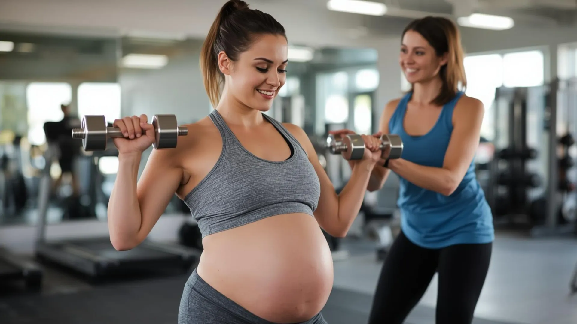 Pregnant woman performing a prenatal strength training exercise with support