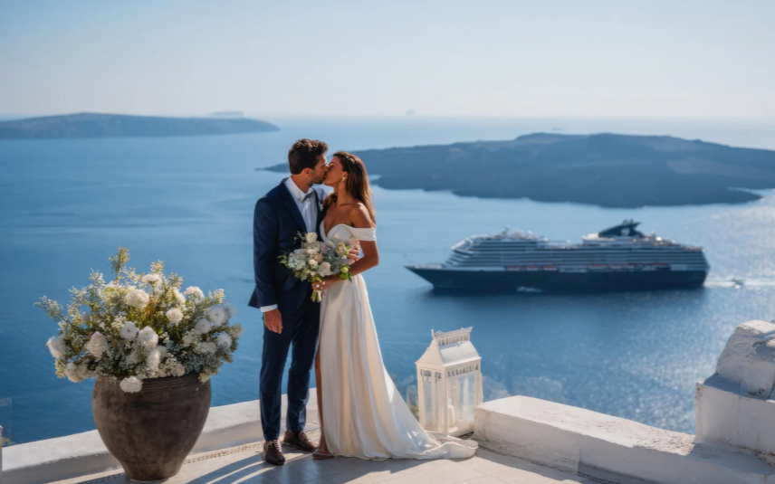 Event training: wedding prep & travel-ready fitness. Arrive confident and ready. Bride and groom kissing on a seaside terrace overlooking the water, with a cruise ship in the background.