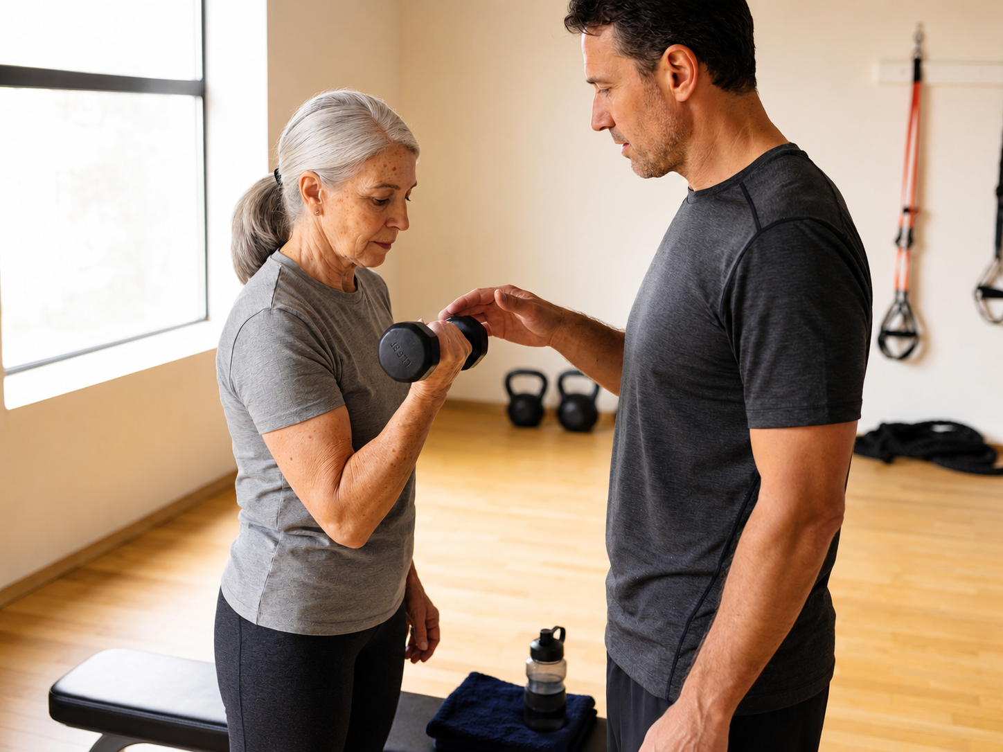A woman in her sixties learns a basic dumbbell movement with a coach guiding her form.