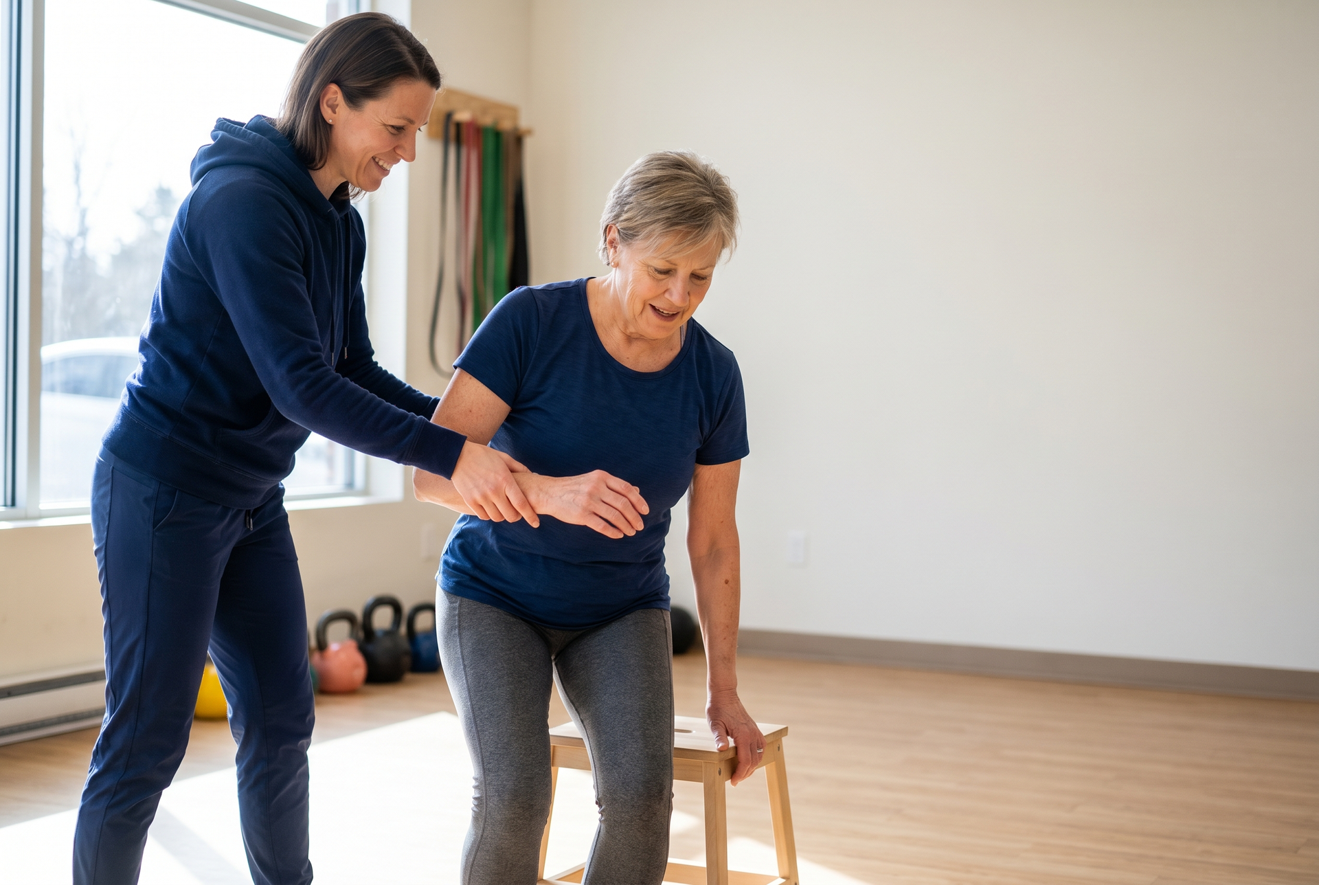 A coach steadying a woman in her 60s as she stands up from a low chair, training the squat pattern.