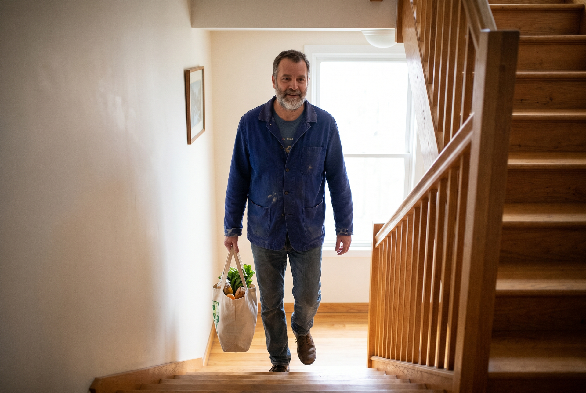 A man in his late 50s carrying a heavy bag up stairs, combining the carry, squat, and rotation patterns.
