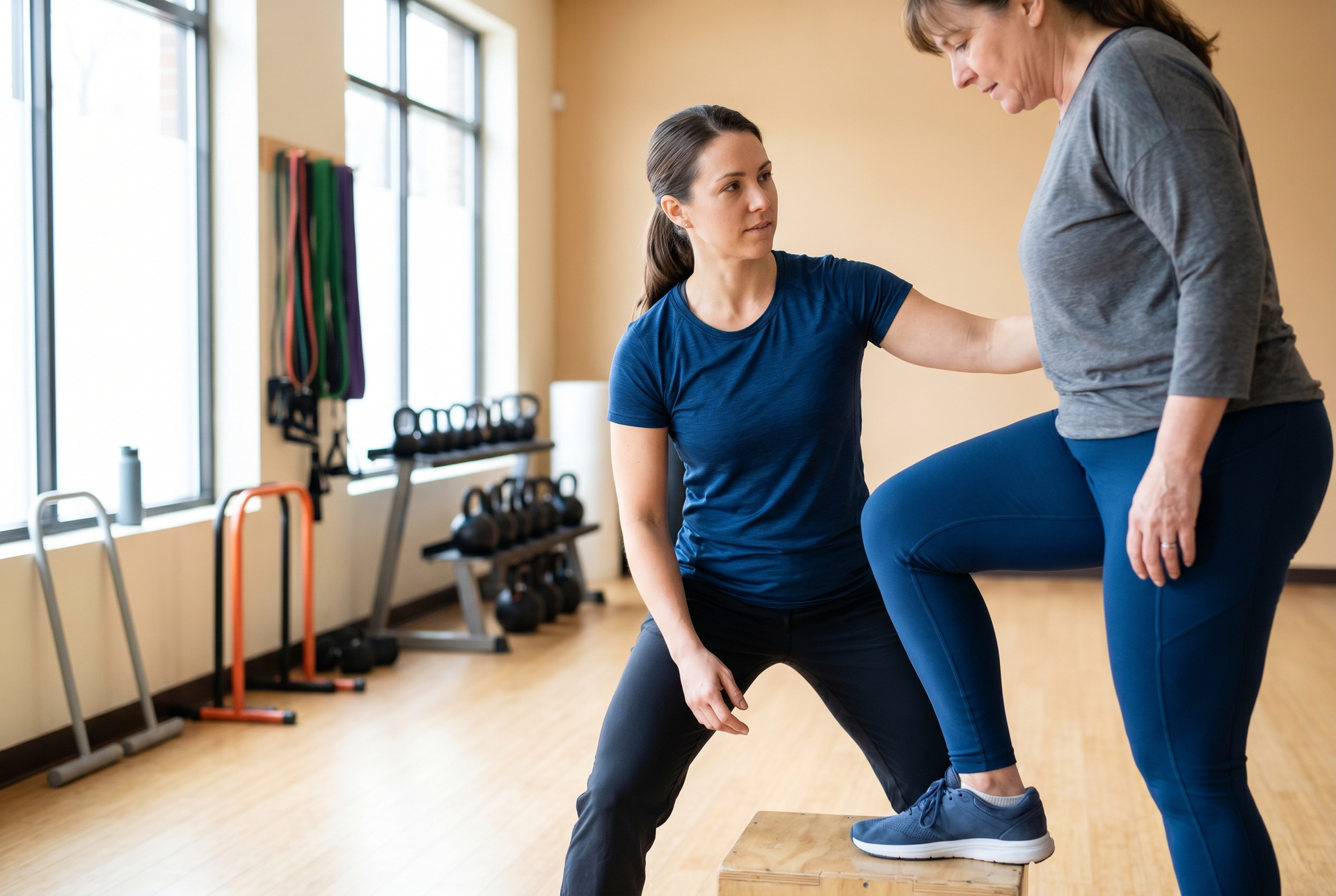  A coach guiding a client in her 50s through a movement assessment in the studio.