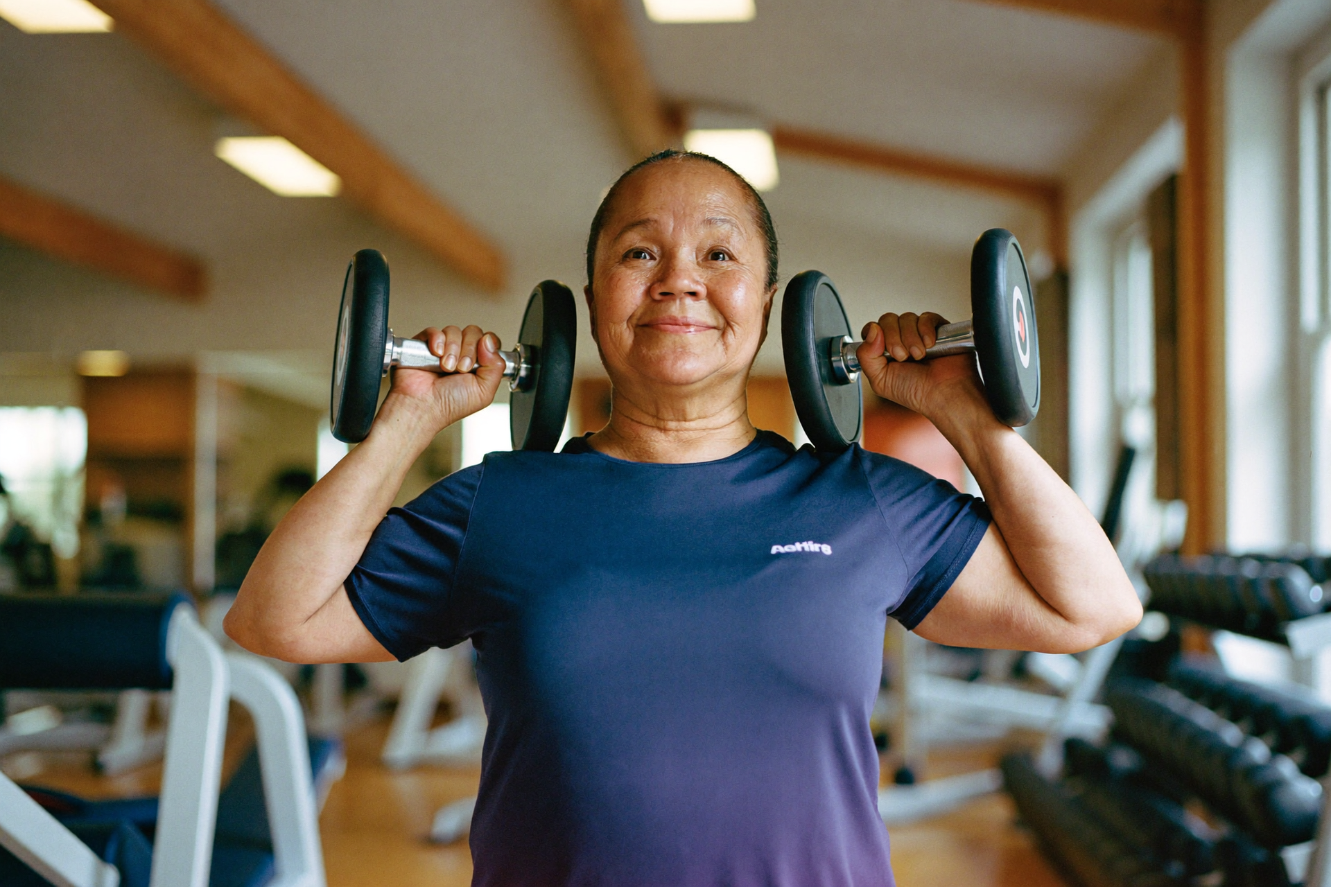 A confident woman in her 50s strength training in a bright functional studio, building capacity for
