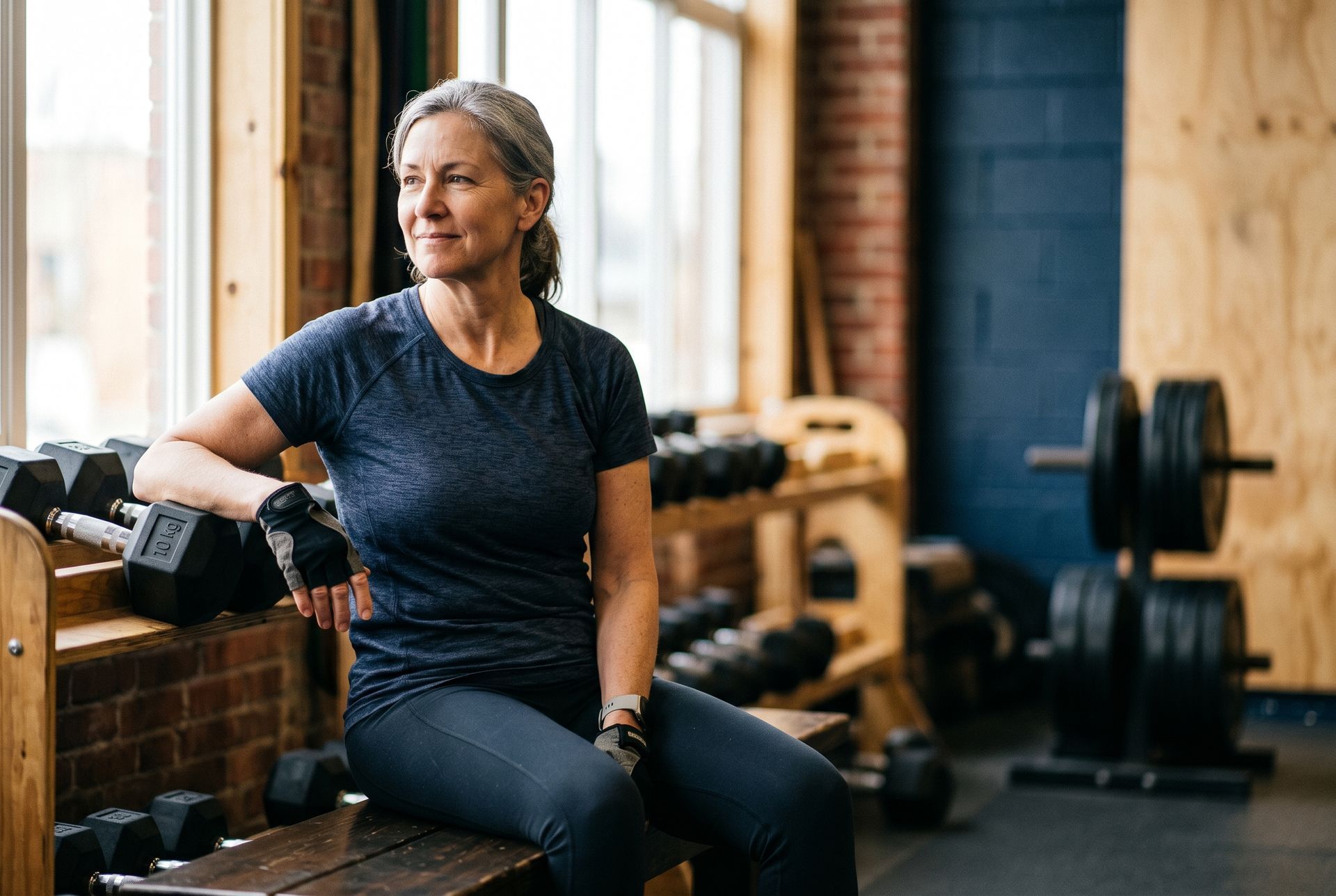  A woman in her 50s resting between sets with quiet confidence in a bright functional studio.