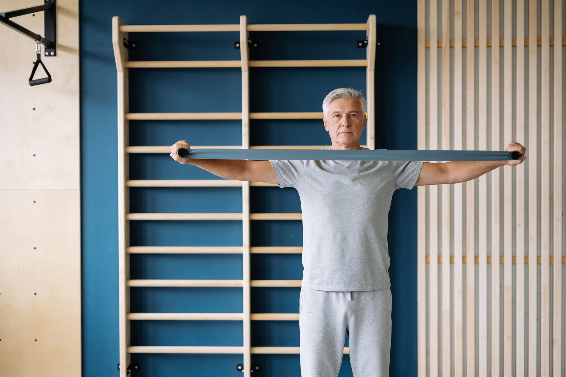 A beginner doing a controlled resistance-band pull-apart, training the often-neglected pull pattern.