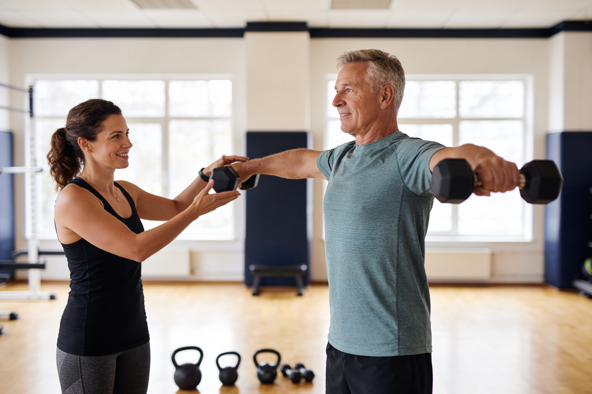 A personal trainer guiding a client through a dumbbell exercise in a bright functional studio.