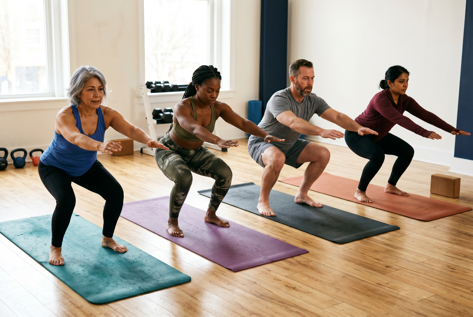 A small group fitness class of diverse adults training together on their own mats in a bright studio.