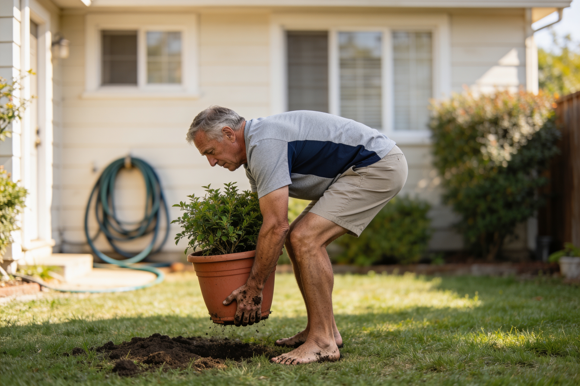 A man in his sixties lifts a large potted plant from the lawn using a flat-backed hip hinge, showing safe lifting mechanics.