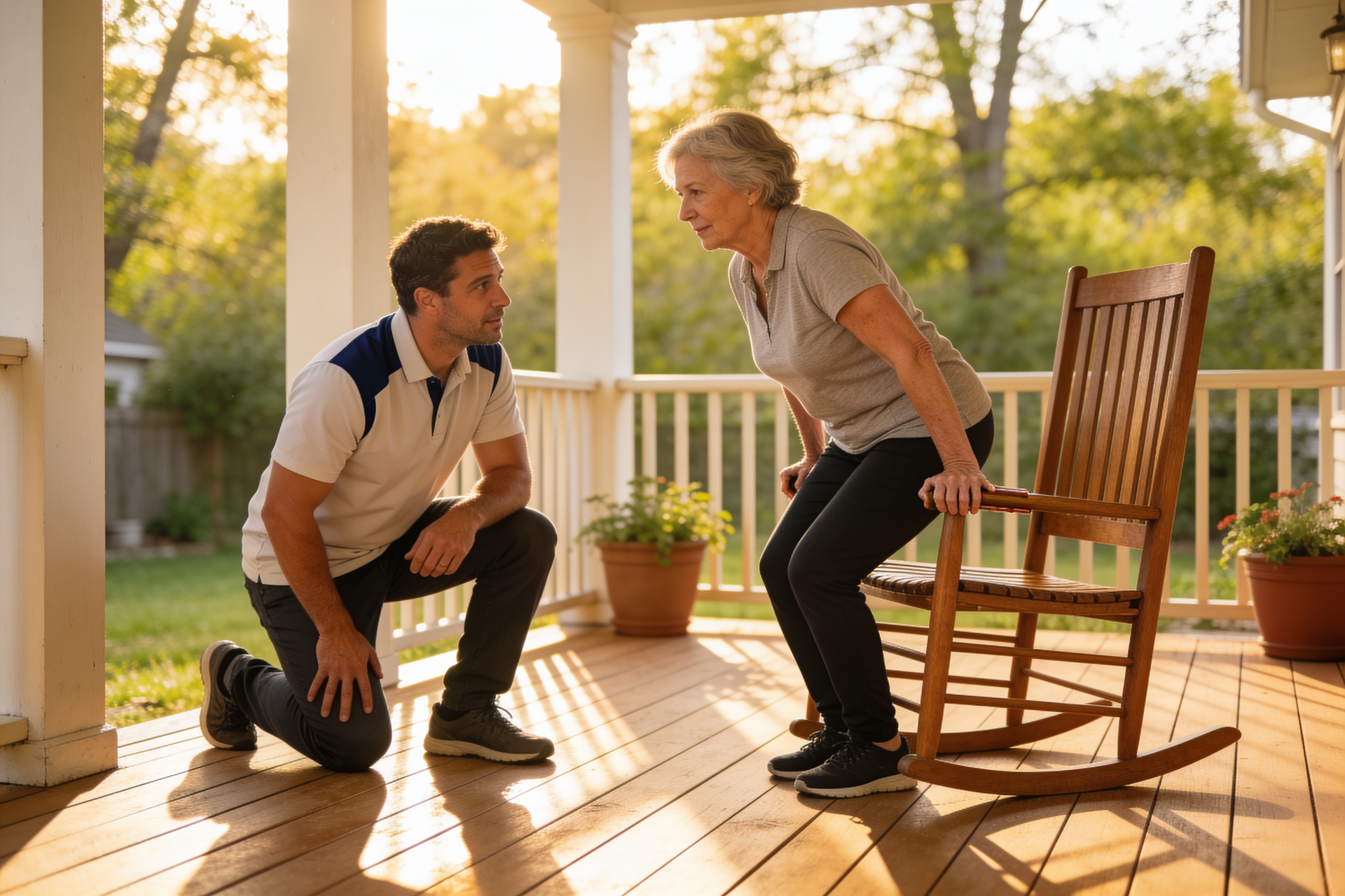 A coach kneels beside an older woman on a backyard porch, watching as she rises from a chair during a movement assessment.
