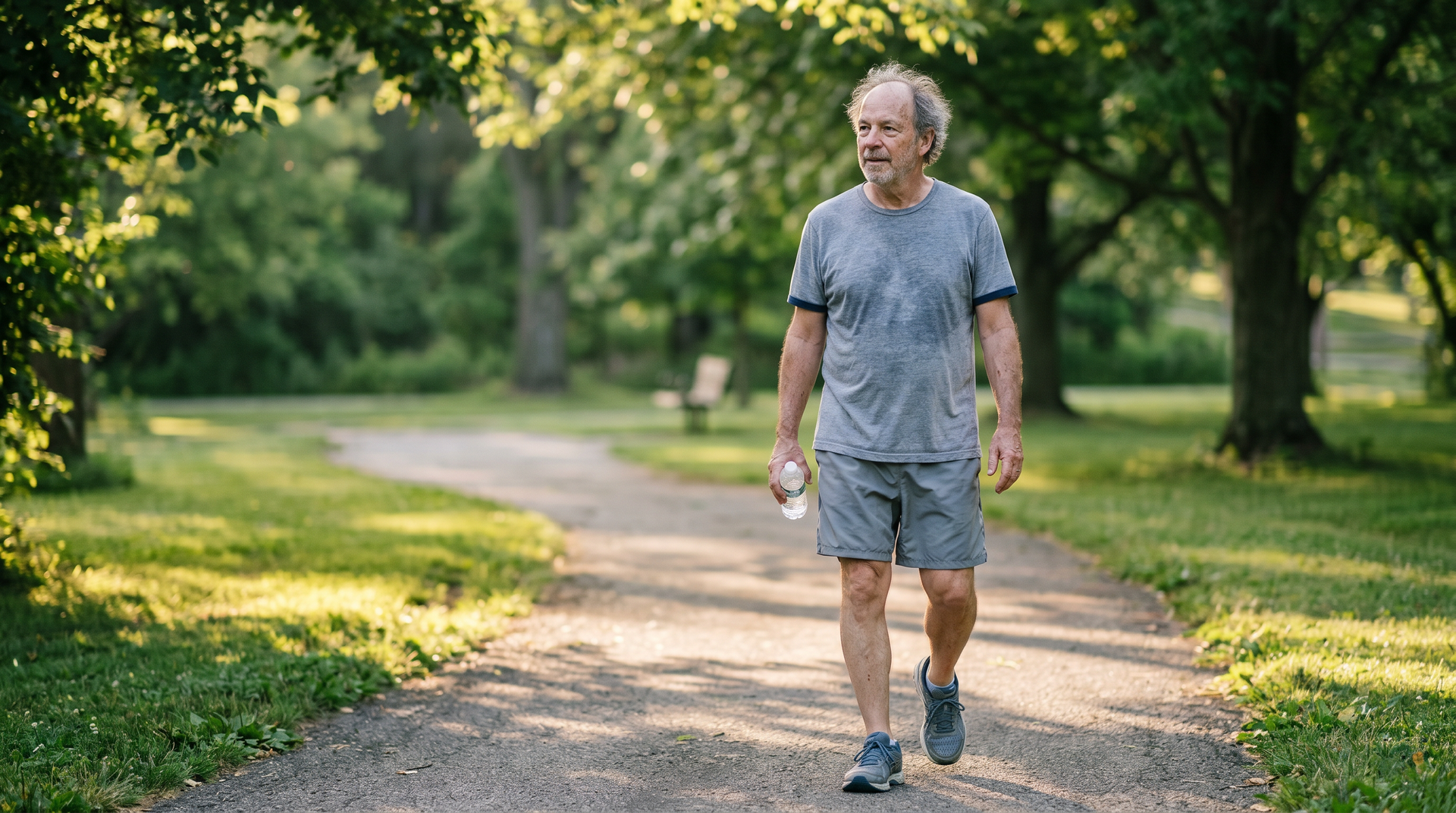 An older man walks at an easy pace along a tree-shaded path in soft early-morning light, carrying a