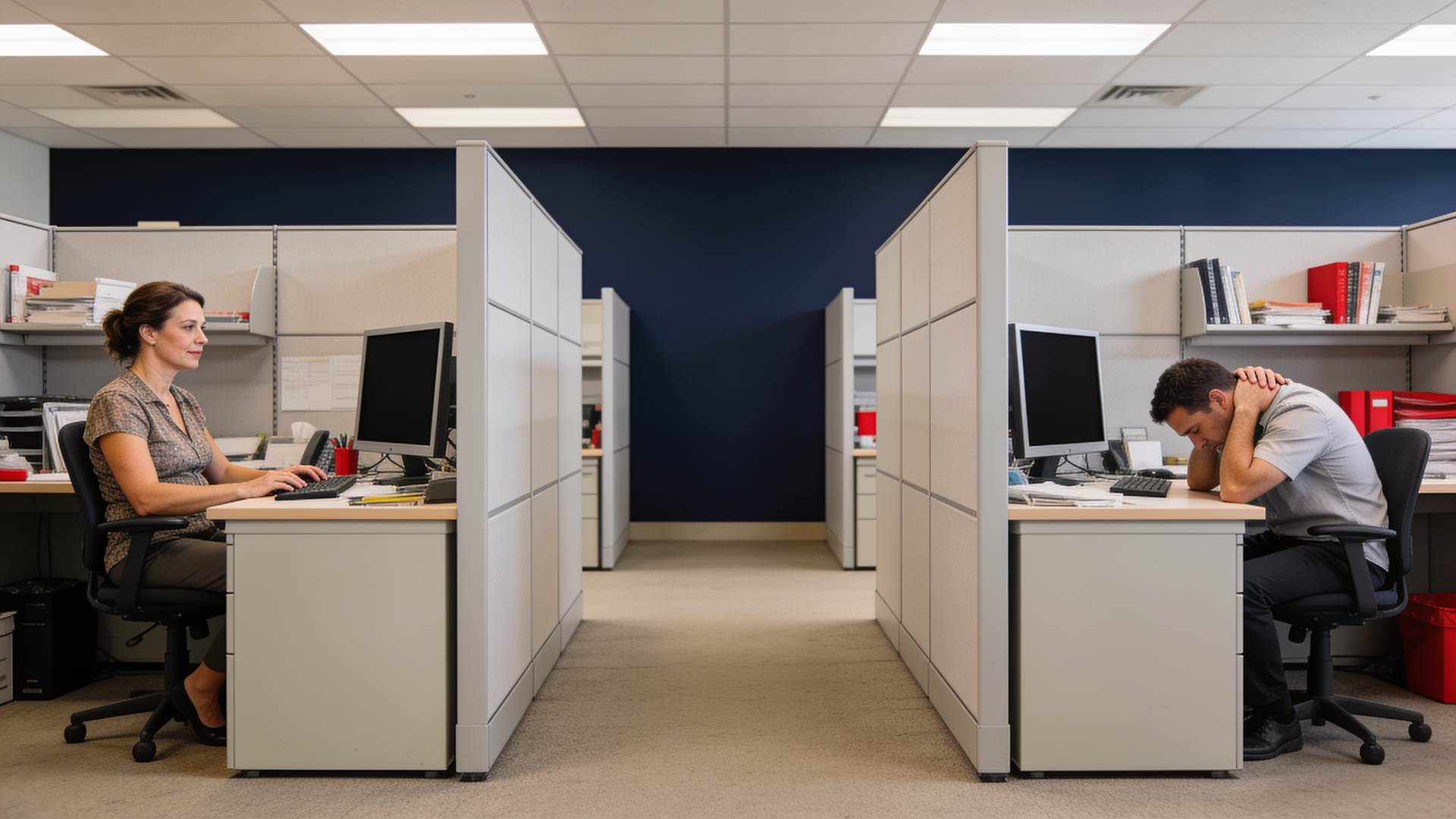 Two office cubicles side by side: a woman sitting with upright posture working comfortably, and a ma