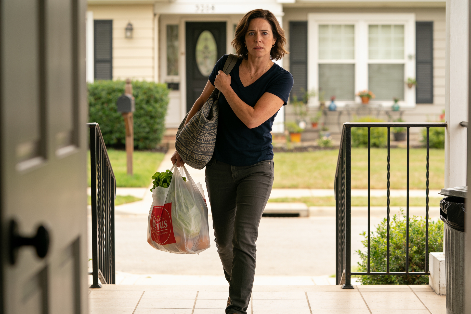 A woman walks through her home carrying a heavy tote and grocery bag on one side, her torso leaning to compensate.