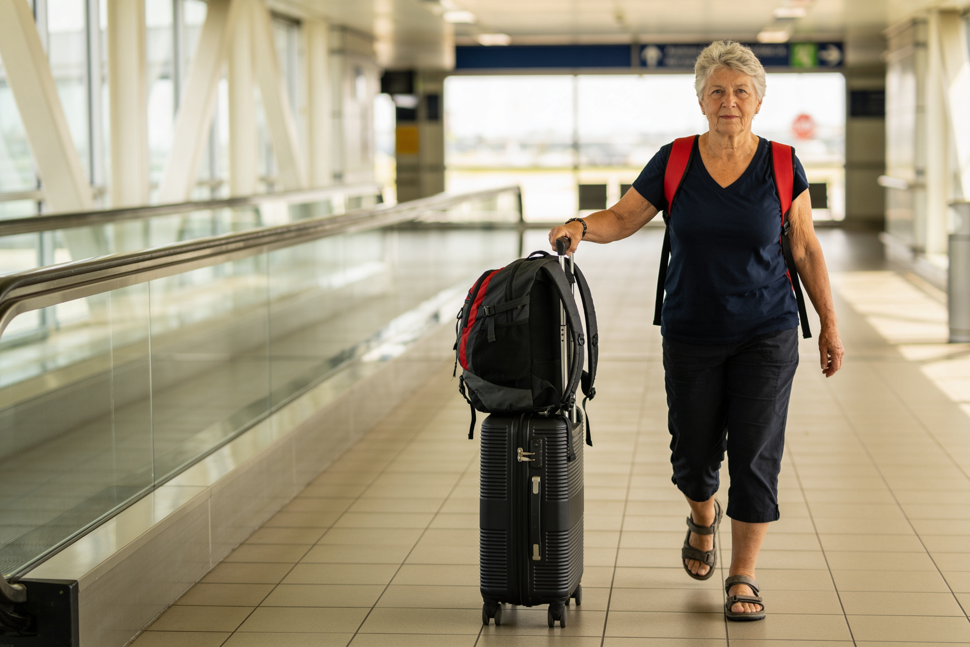 A woman in her late sixties confidently carries her own suitcase and travel bag through an airport, walking tall.