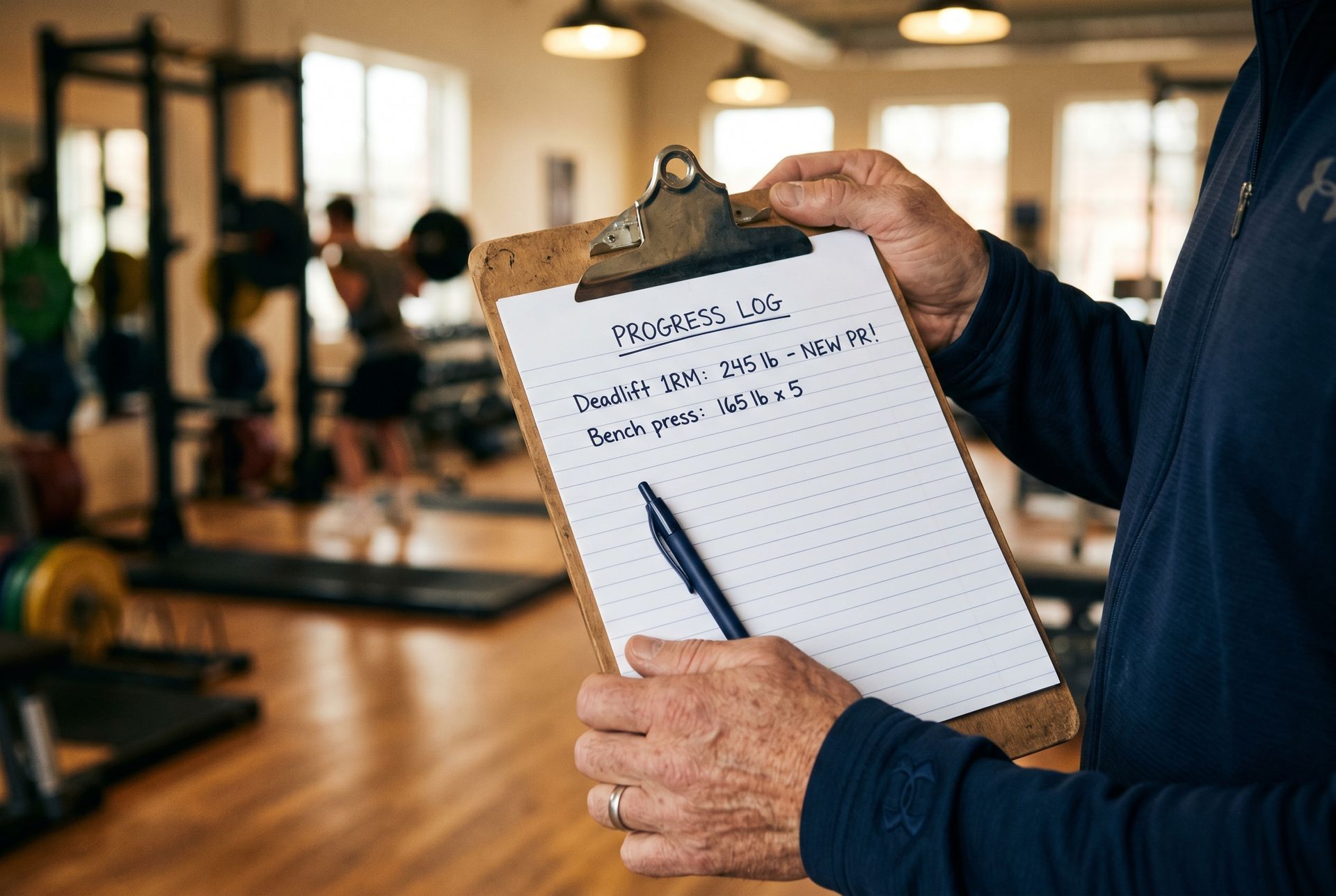 A coach holds a clipboard noting a client's progress, including a deadlift one-rep-max marked as a new personal record.