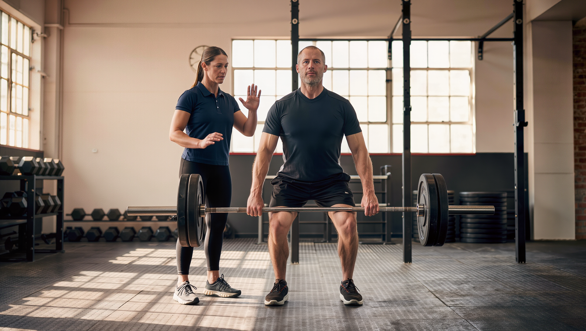A client performs a controlled barbell deadlift with good form while a coach watches and cues beside