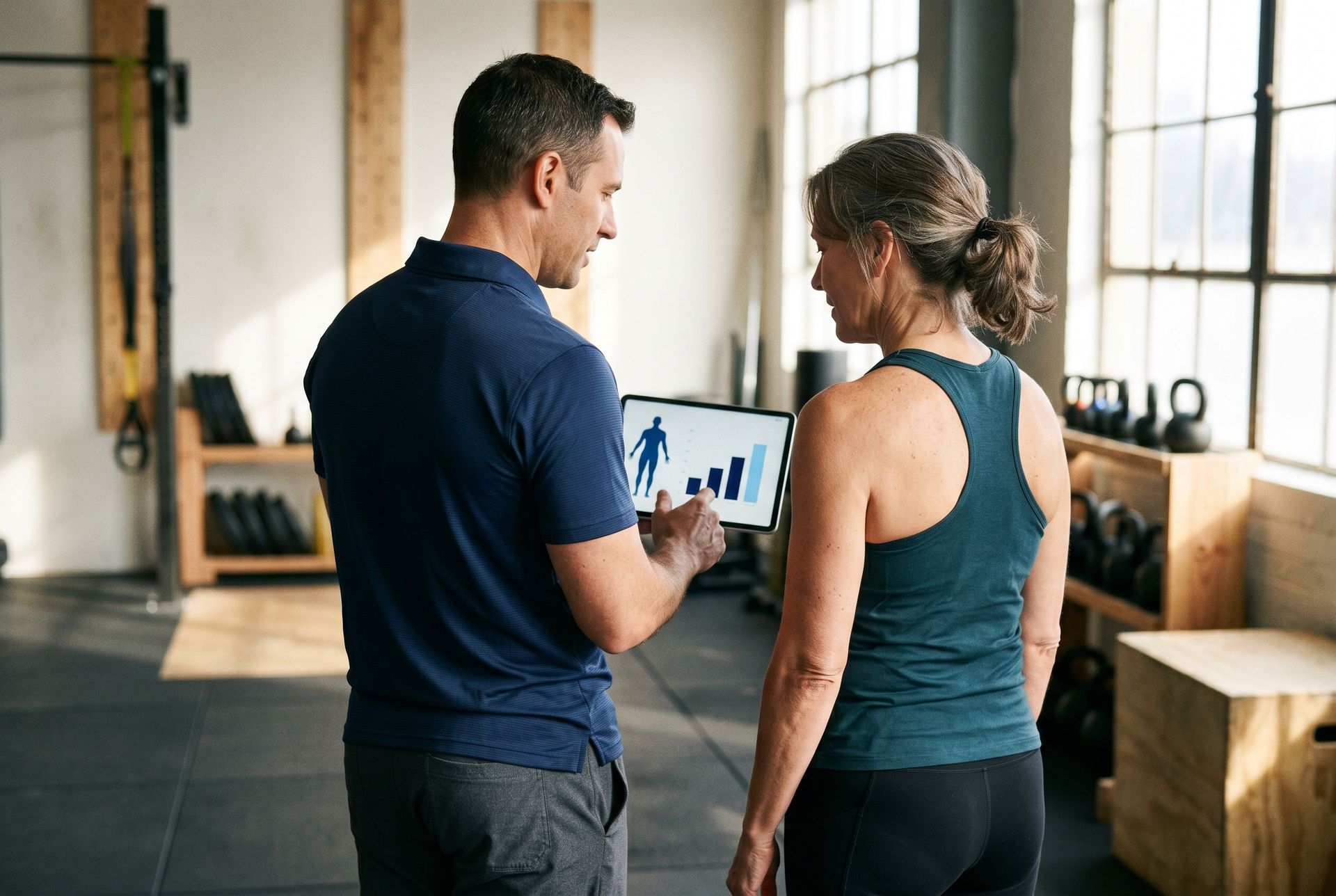 Seen from behind, a coach shows a client a tablet displaying a body chart with a rising bar graph as they talk.