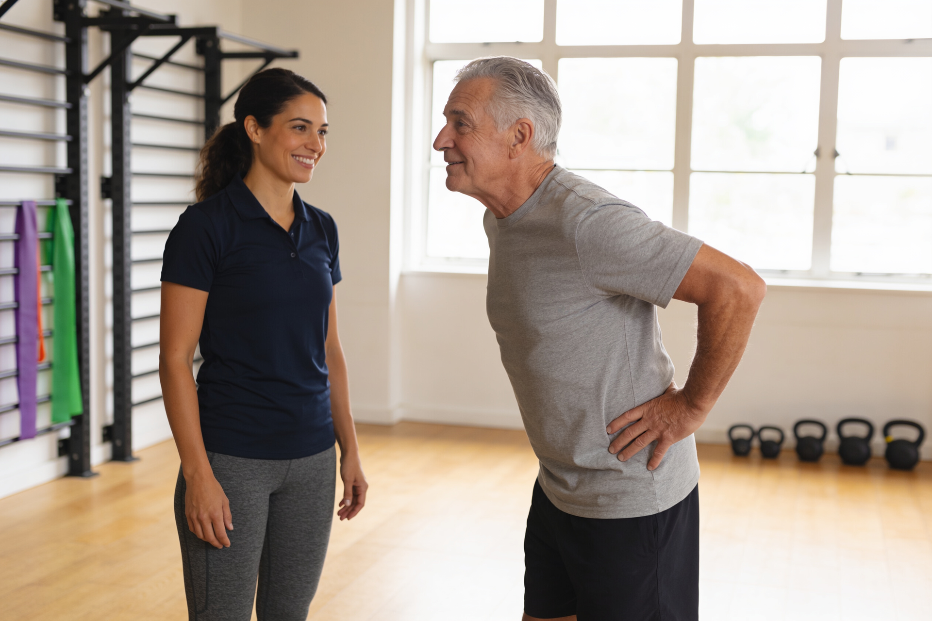 A coach watches warmly as a mature man performs a gentle, controlled trunk rotation during a movement assessment.