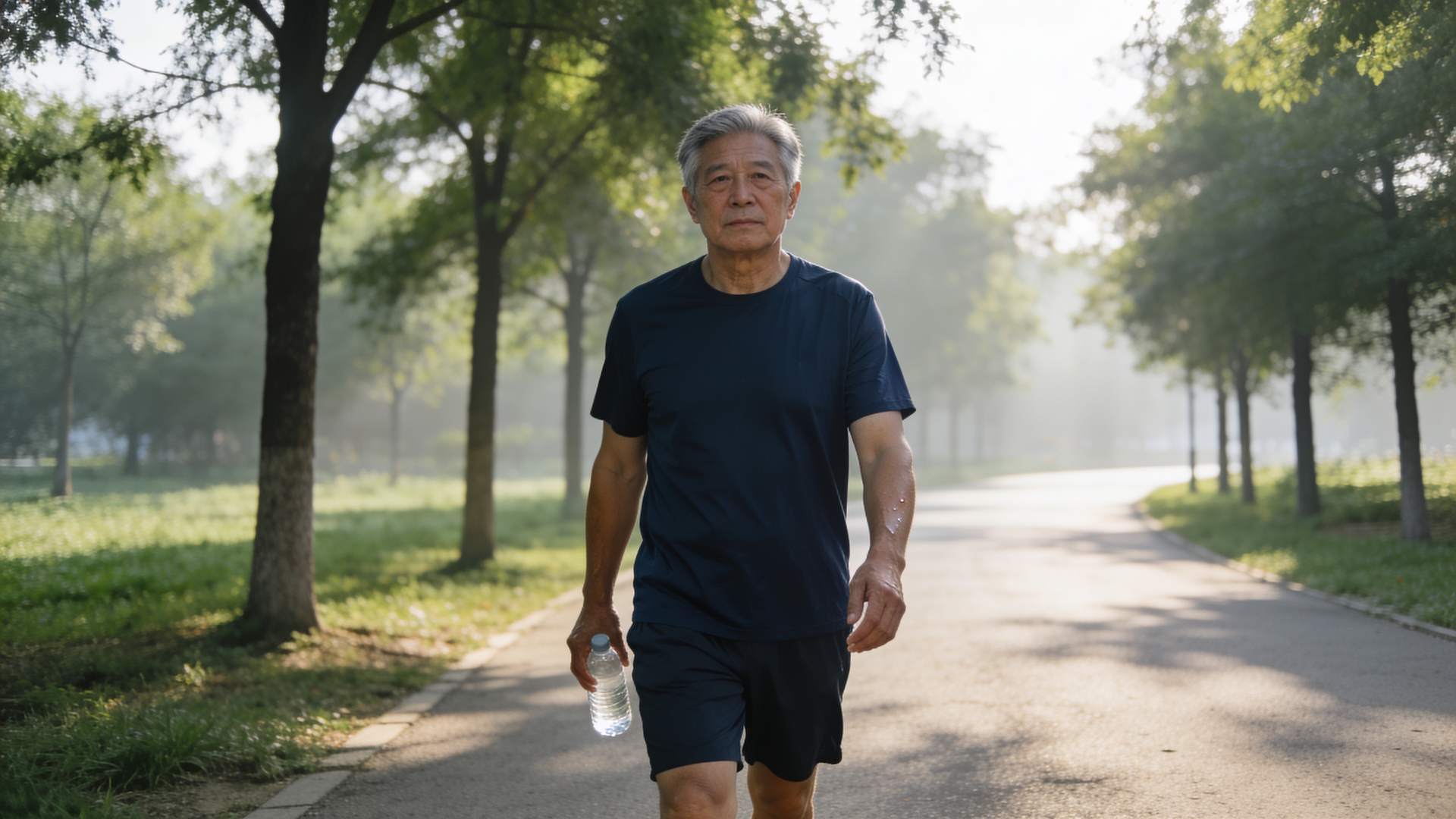 A man in his sixties walks an easy, shaded morning path with a water bottle in summer.