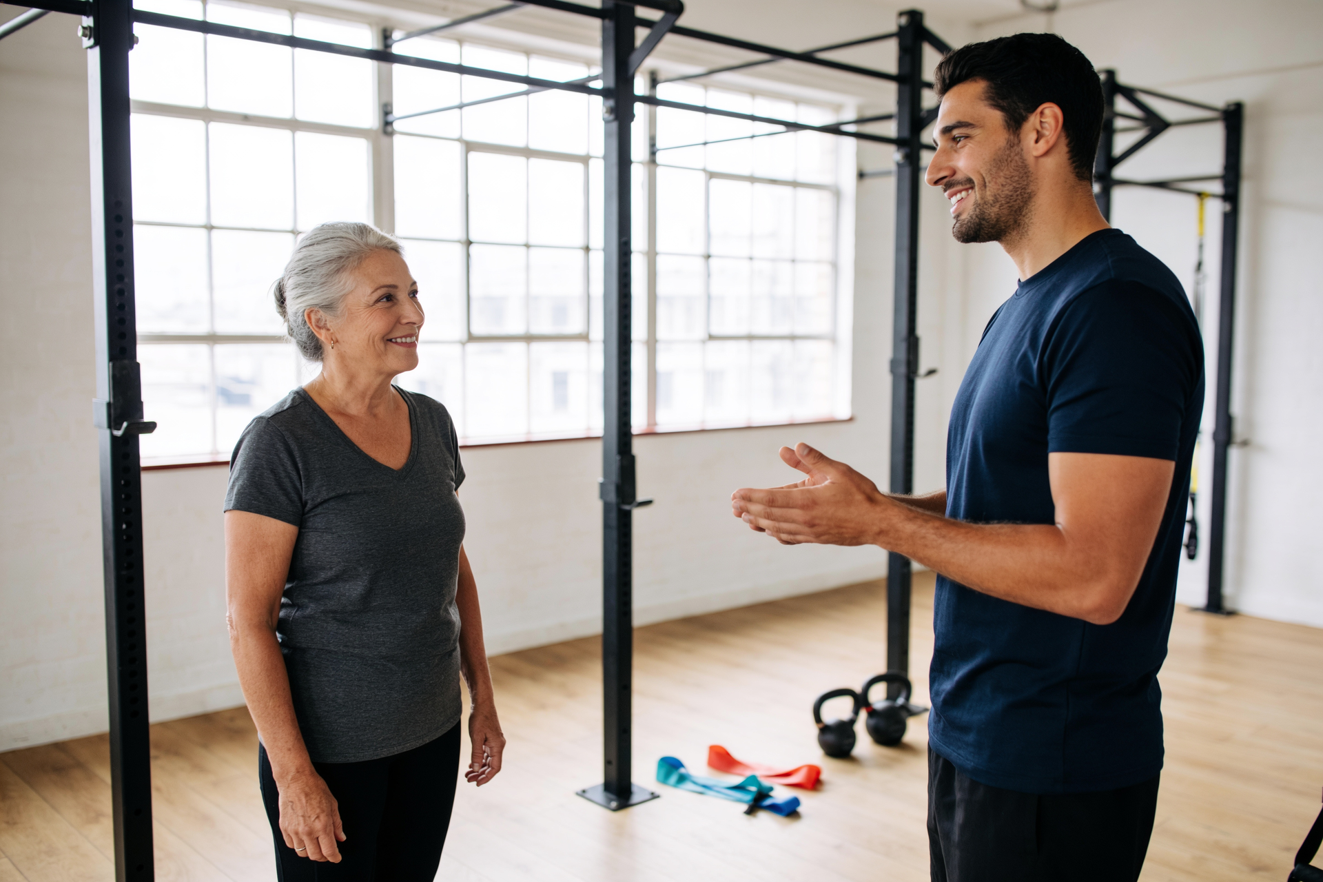A coach and a mature client talk through her training plan in a bright studio.