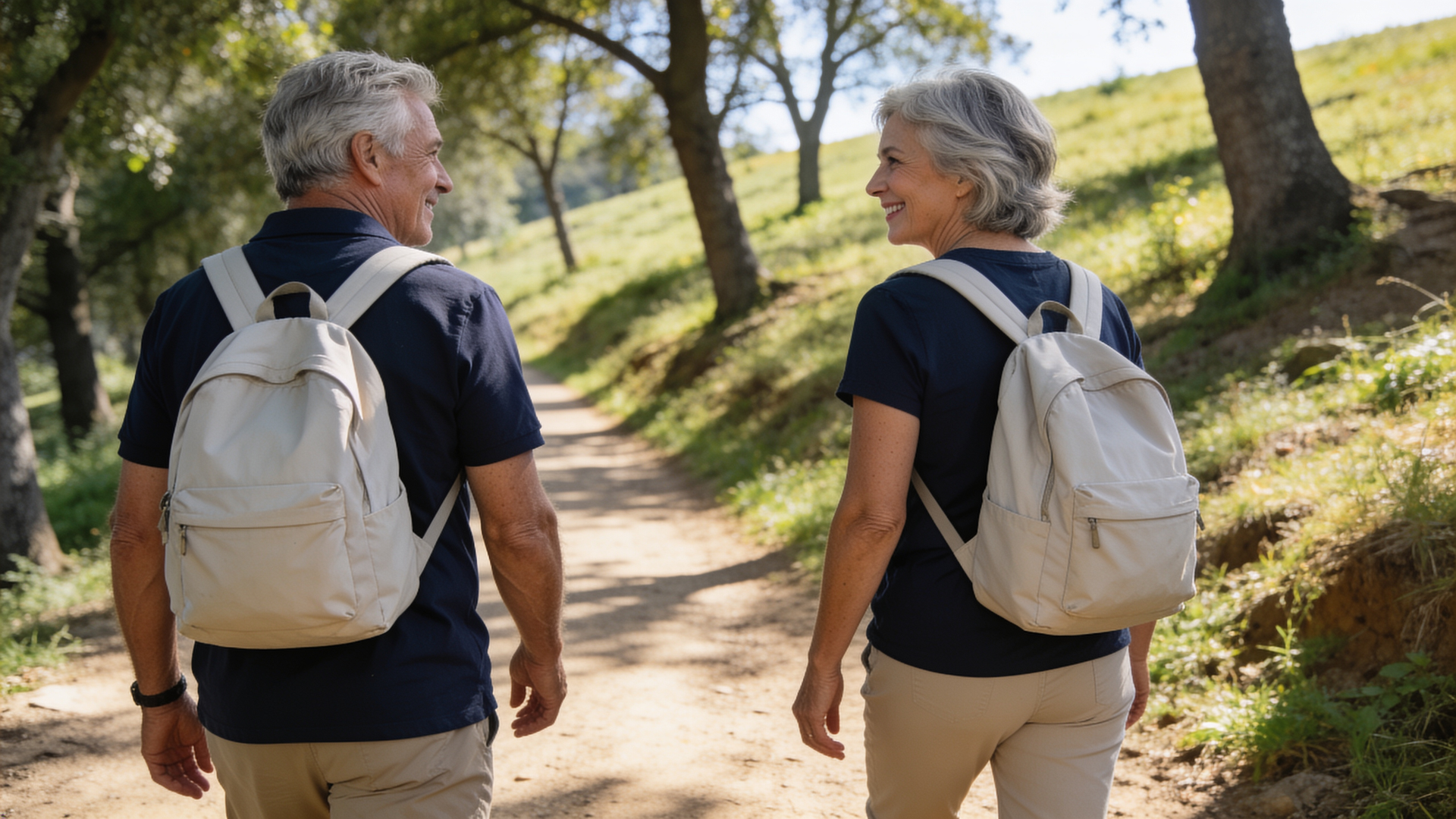 A couple in their sixties hike a sunny trail together, capable and at ease.