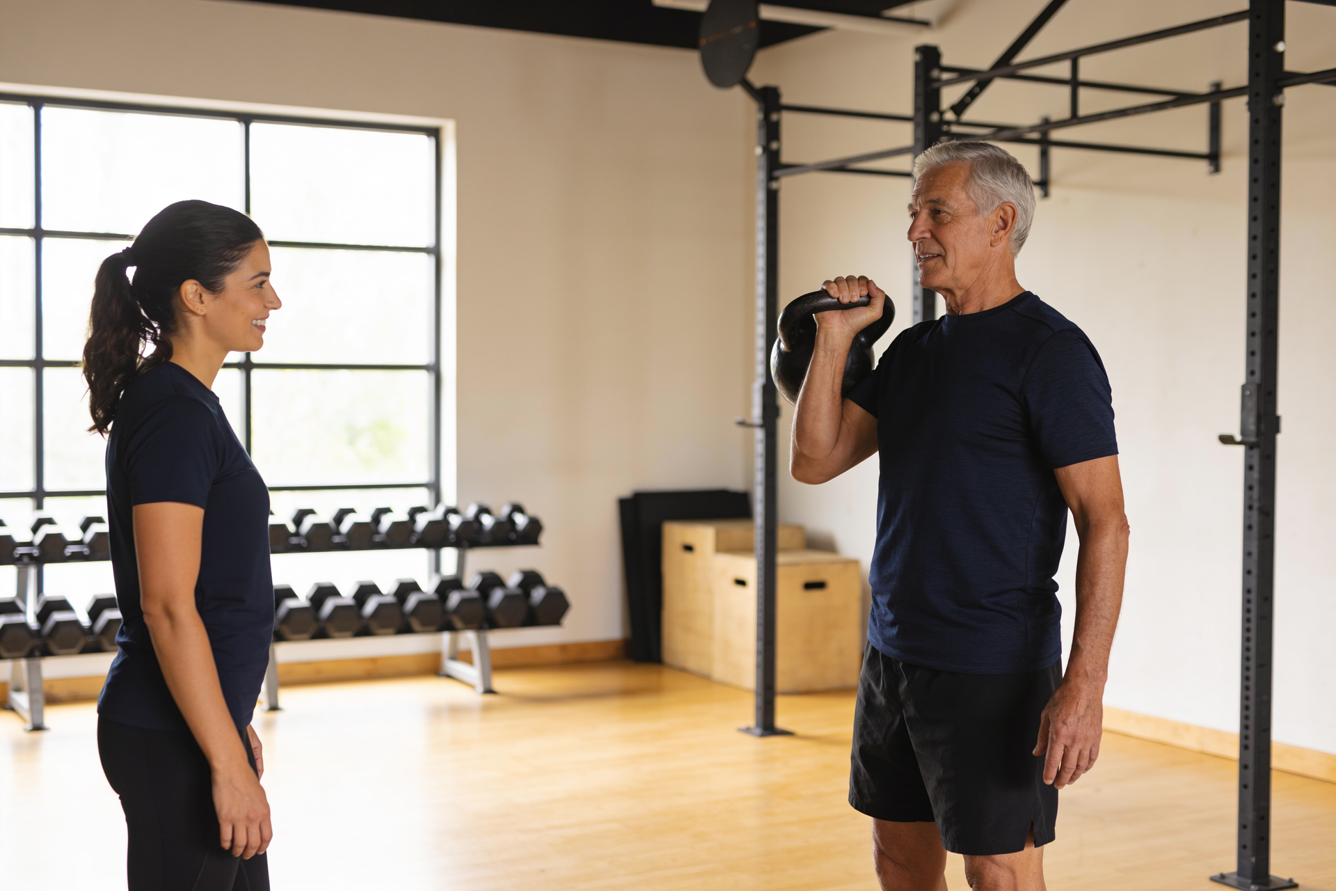 A coach guides a man in his sixties through a one-arm kettlebell carry in a studio.