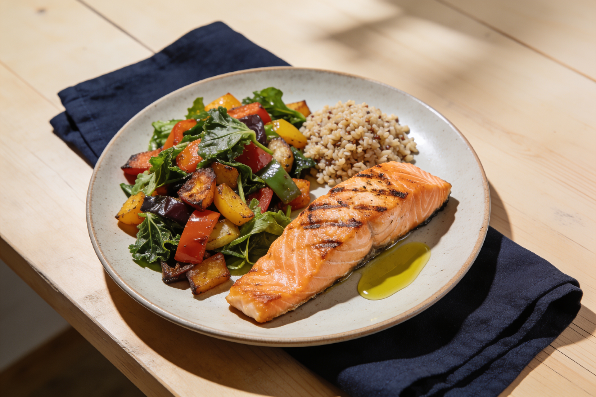 A balanced plate of salmon, colorful vegetables, and whole grains built for fullness.