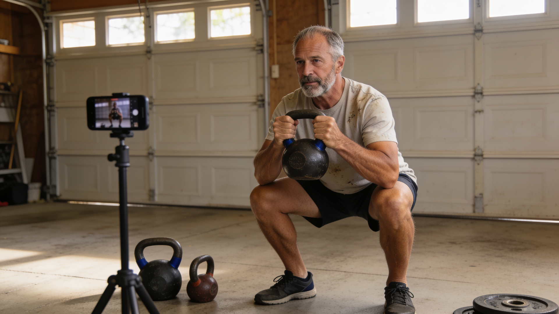 A man does a goblet squat in his home garage while a phone on a tripod records the set for coach review.
