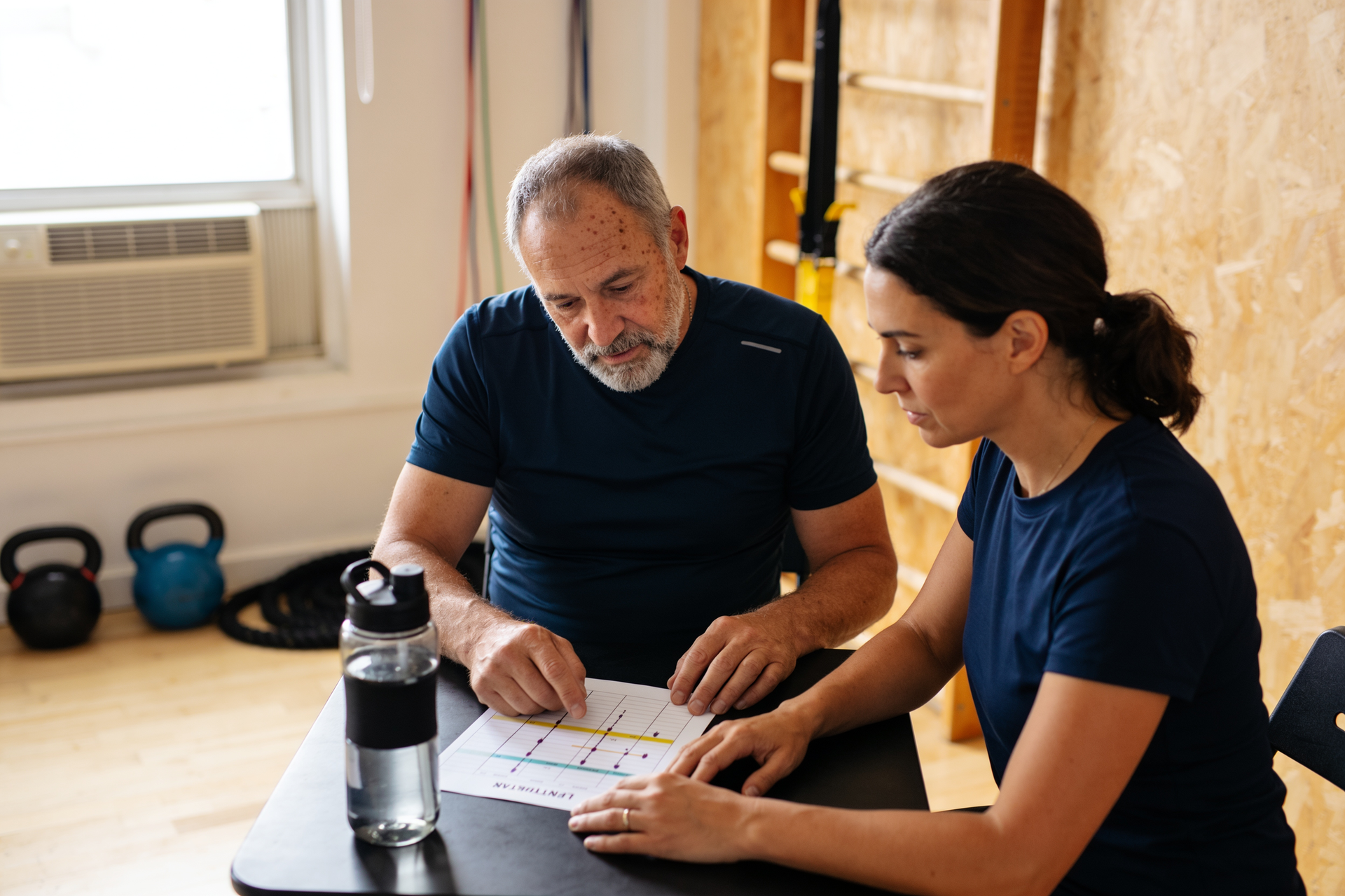 A coach and a mature client sit together reviewing a printed training plan, calm and focused.