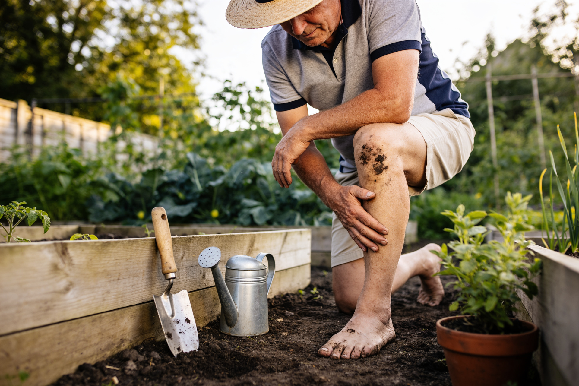 A gardener rises from kneeling in the soil with bare hands, pushing up through the legs.