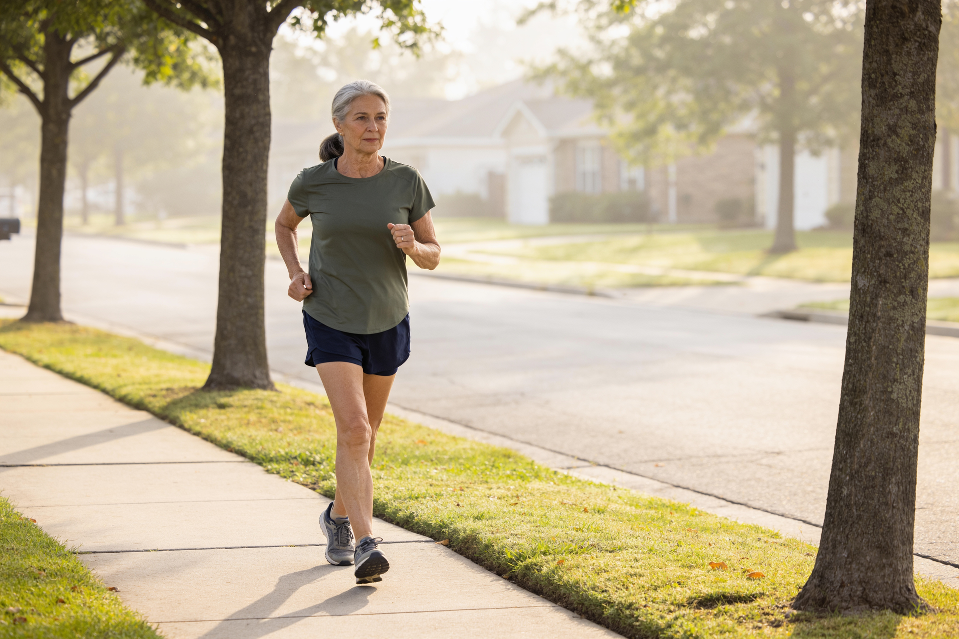 A woman in her early 60s walks at a steady, comfortable pace on a paved path, relaxed and breathing.