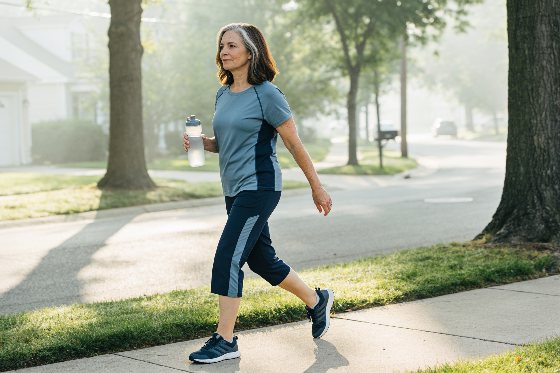 A woman in her fifties takes an easy recovery-day walk outdoors between strength sessions.
