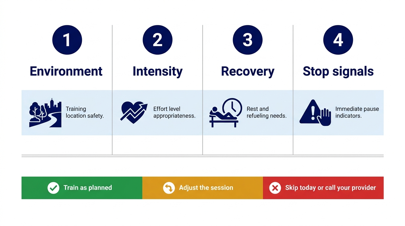 A decision diagram with four labeled columns, Environment, Intensity, Recovery, and Stop signals, leading to an outcome banner that reads train, adjust, or skip.