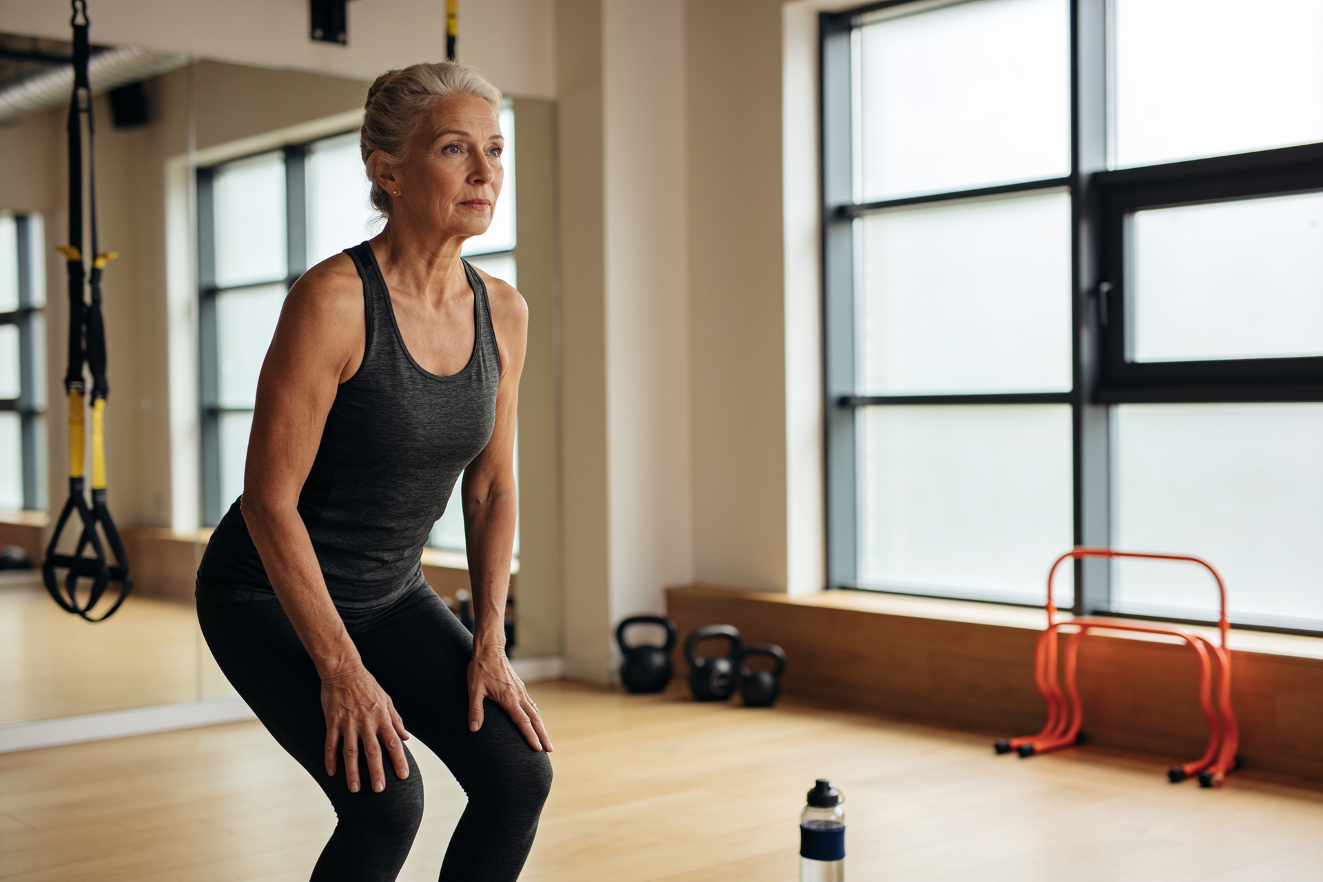 A woman performs a slow, controlled bodyweight squat in a cool, naturally lit indoor studio.