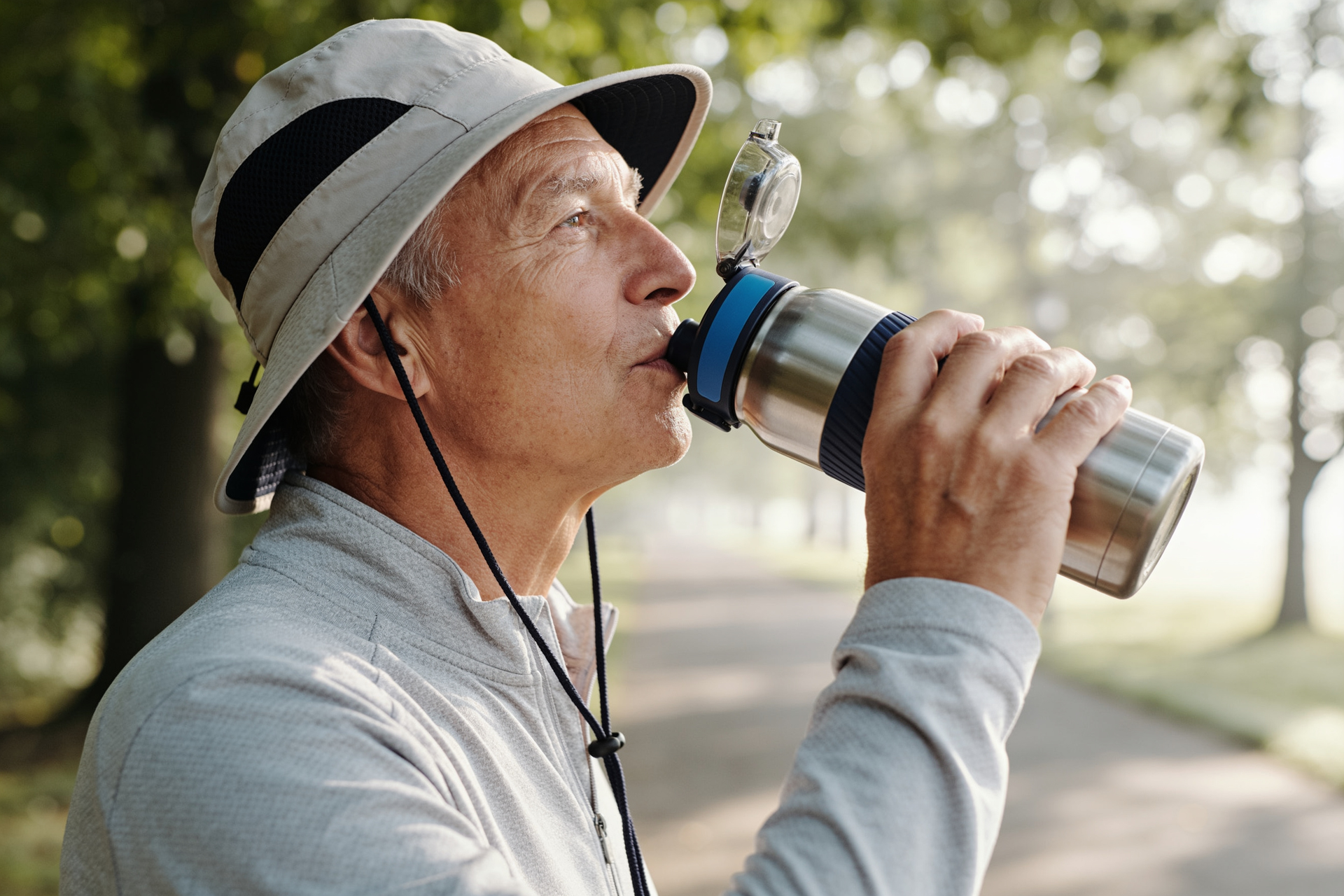 A man pauses in the shade during an outdoor session, drinking from a water bottle to cool down and rehydrate.