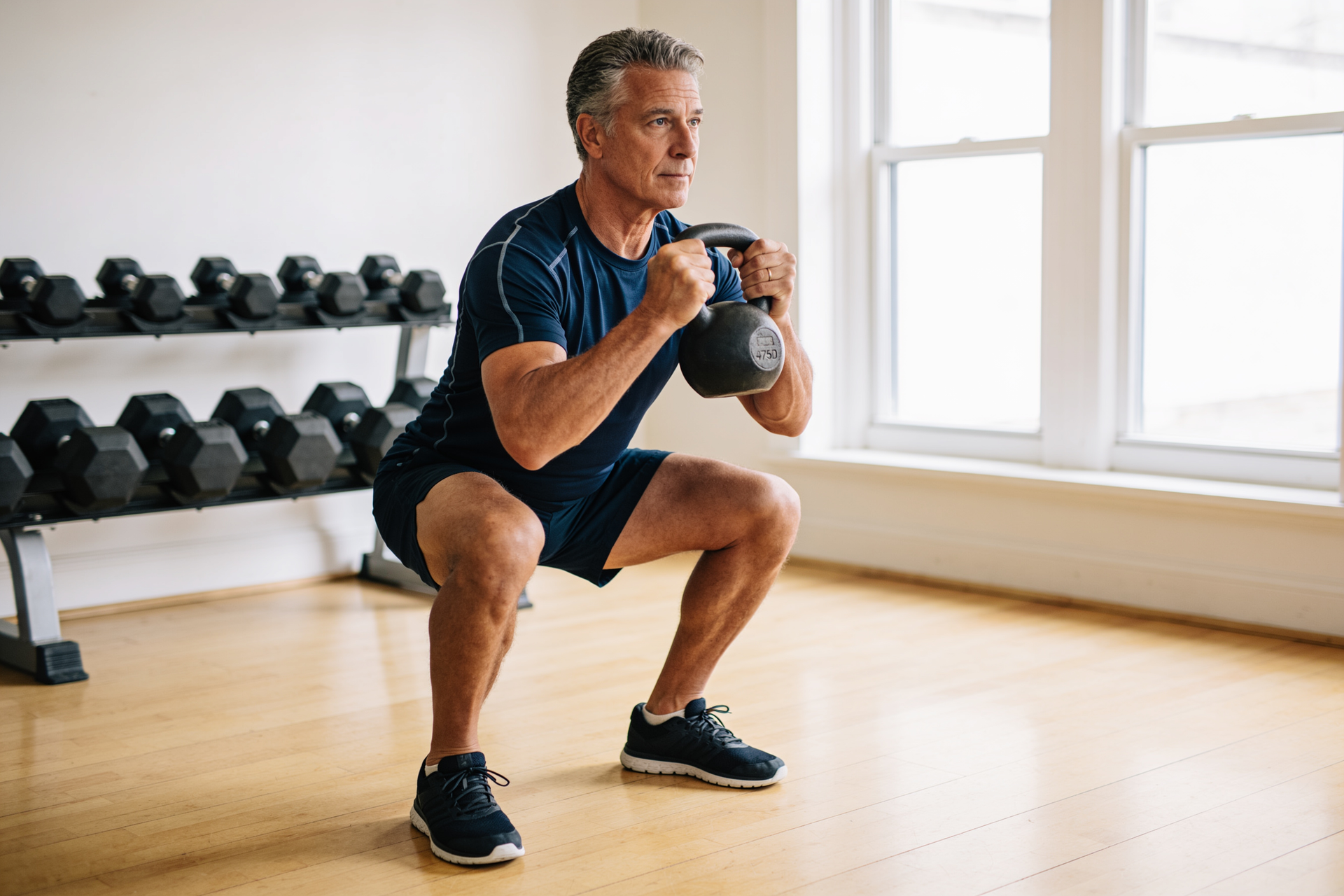 A capable adult performs a clean, controlled goblet squat holding a single dumbbell at the chest.