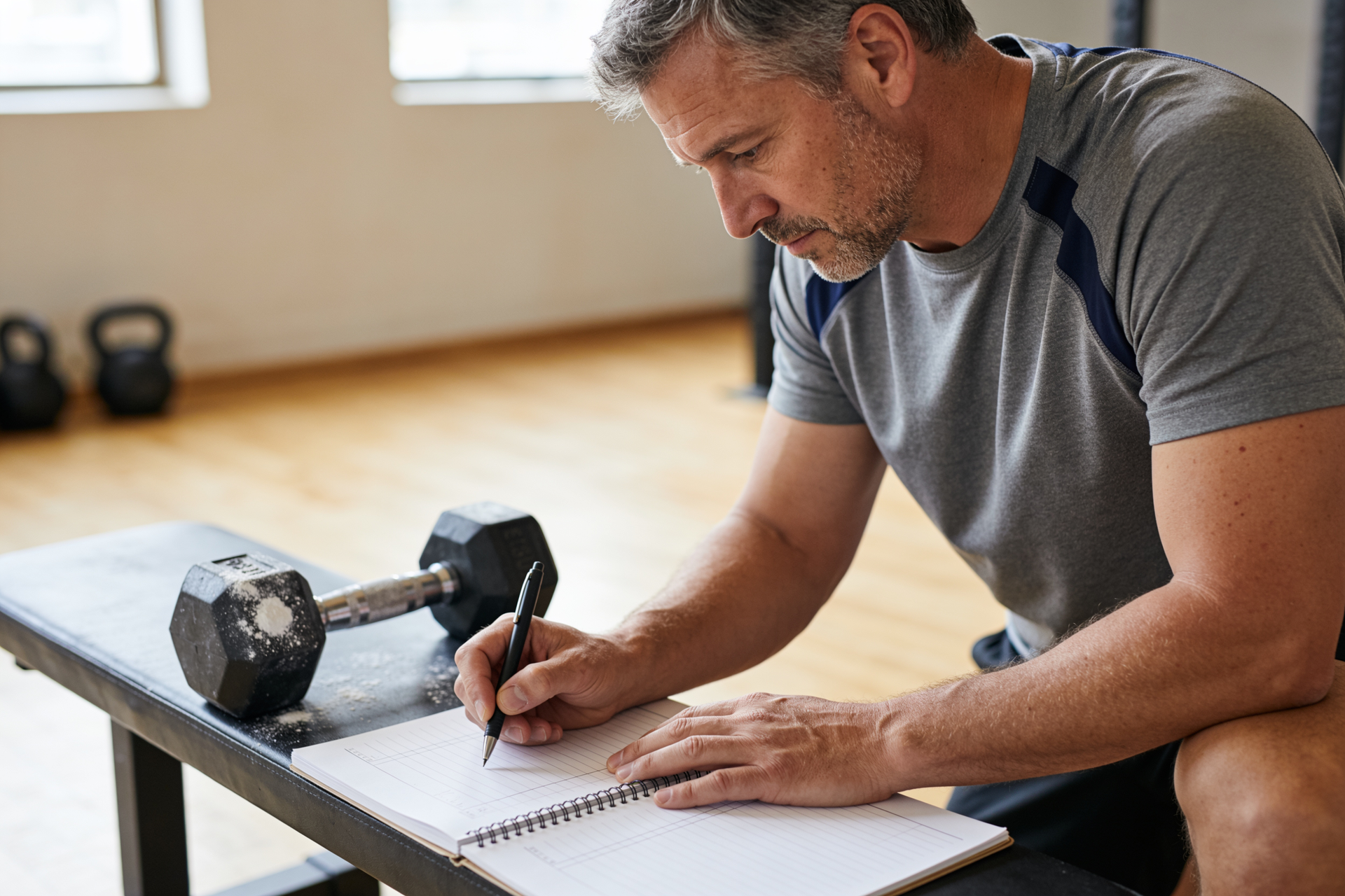 A man writes out a structured training plan in a logbook, choosing a real plan over random workouts.