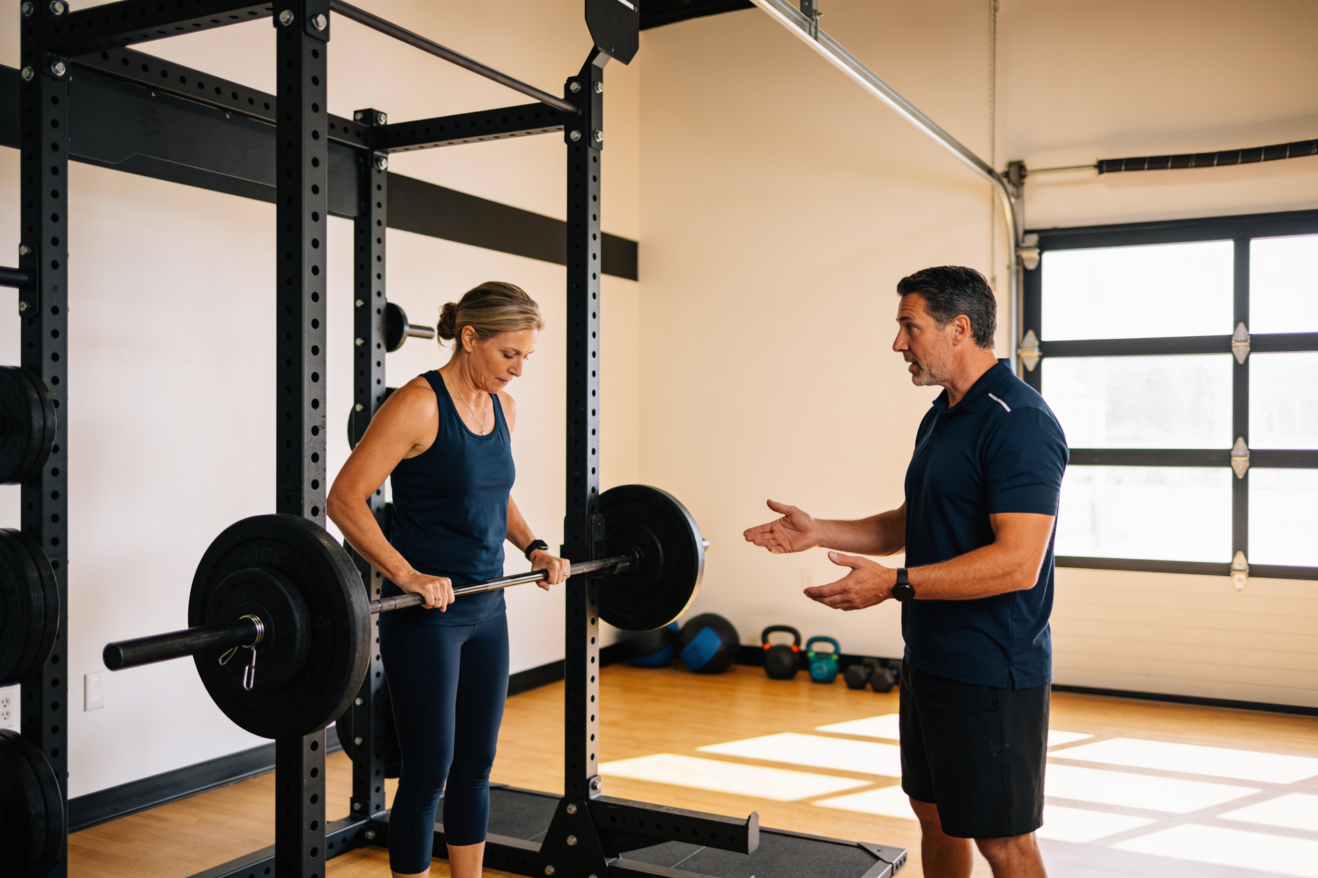 A coach and a client stand at a loaded barbell, weighing whether to add weight or change
