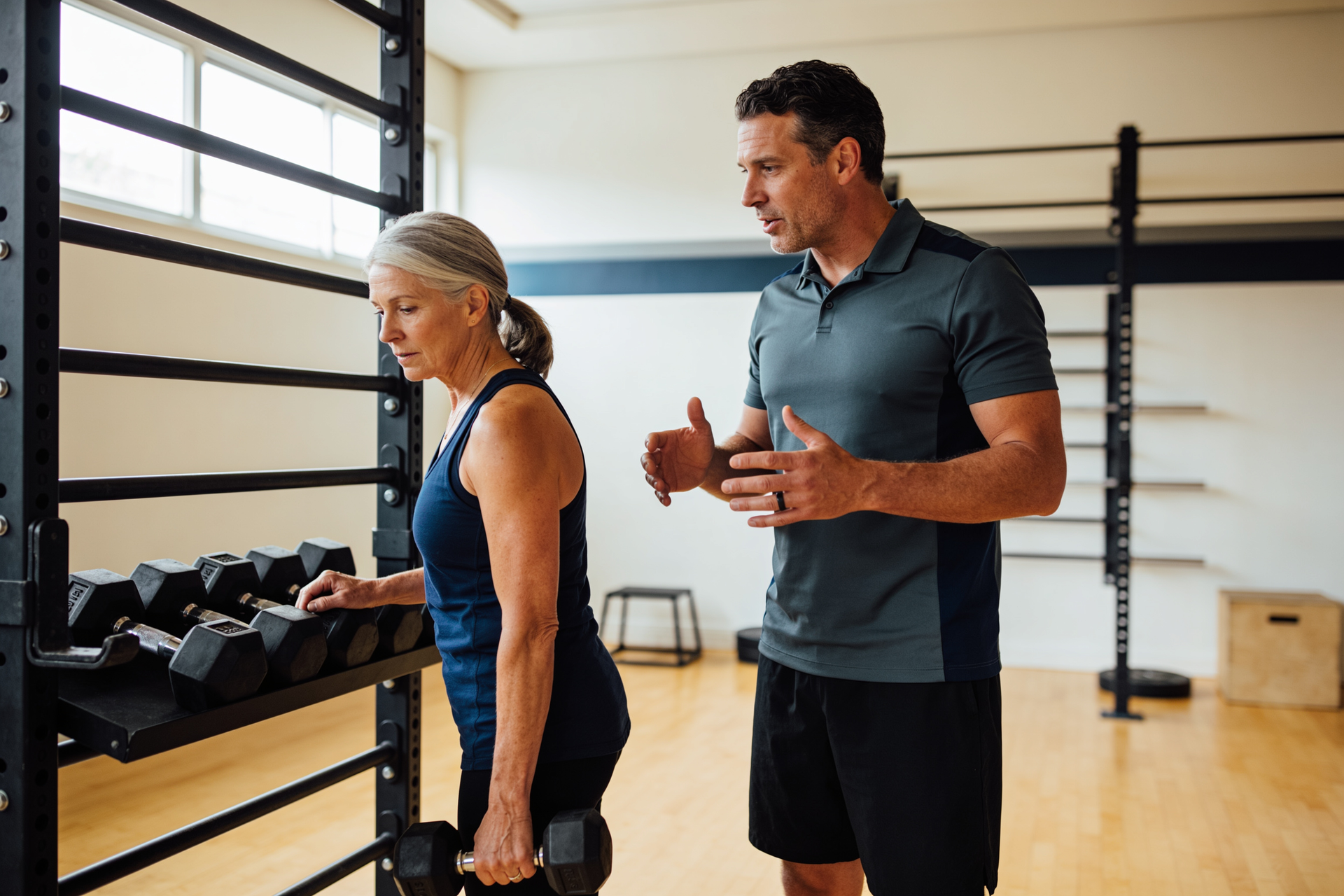 A strength coach watches and reads a client’s form at the end of a working set in a gym.