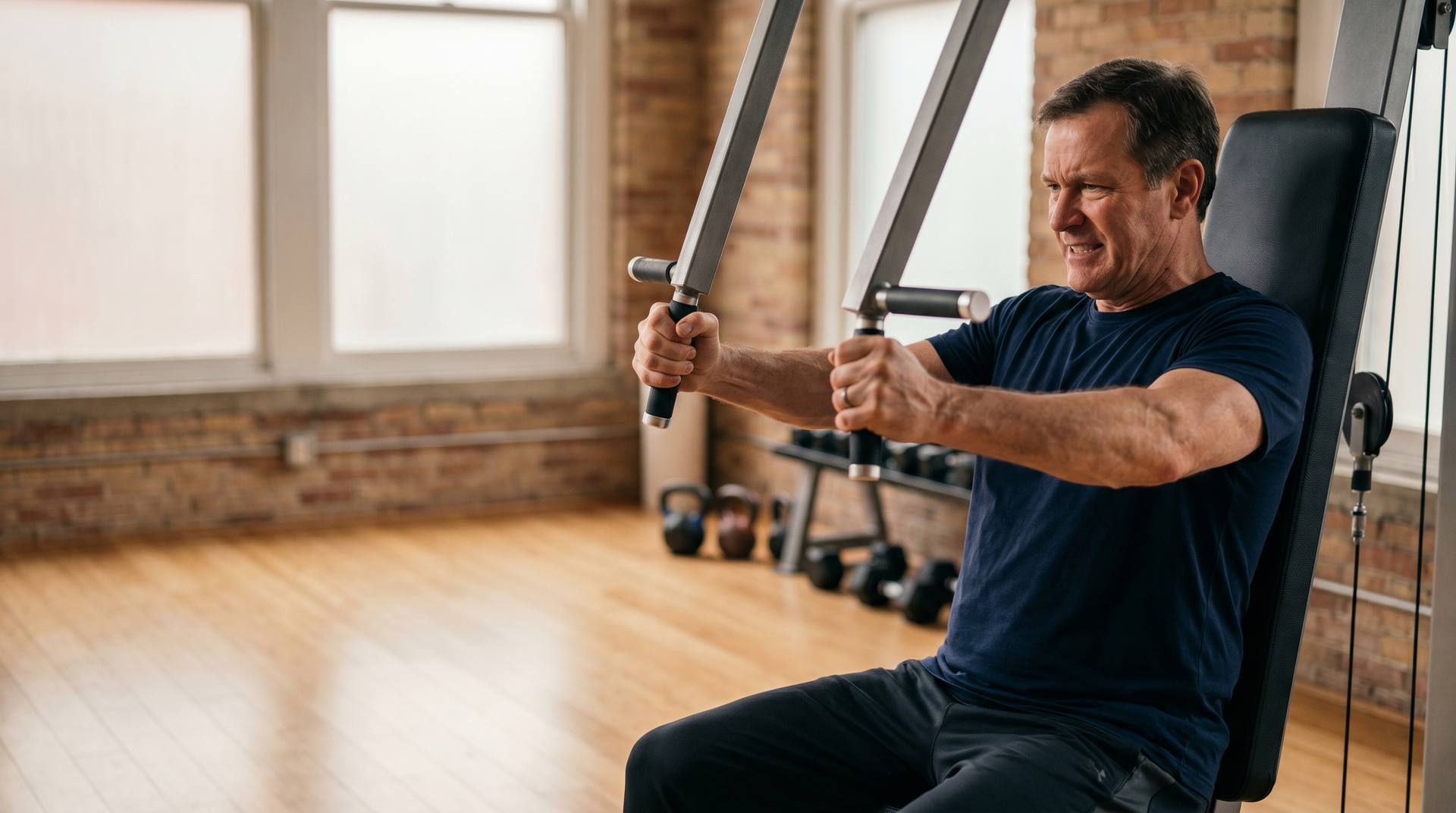 Man in his fifties training with effort on a chest-press machine.