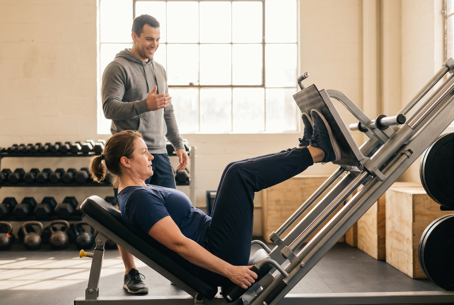 Coach guiding a new lifter through setup on a leg press machine.