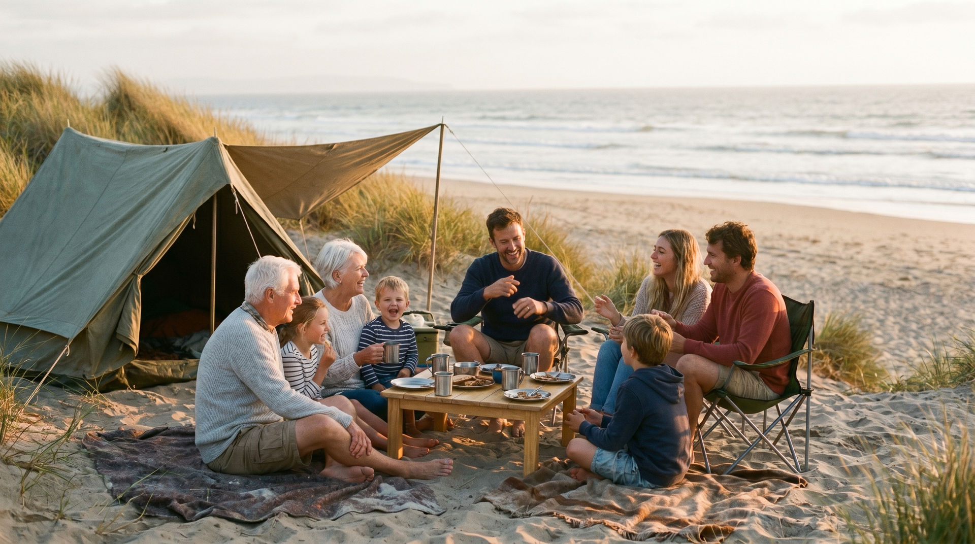 A family sharing a relaxed camping day together at the beach.