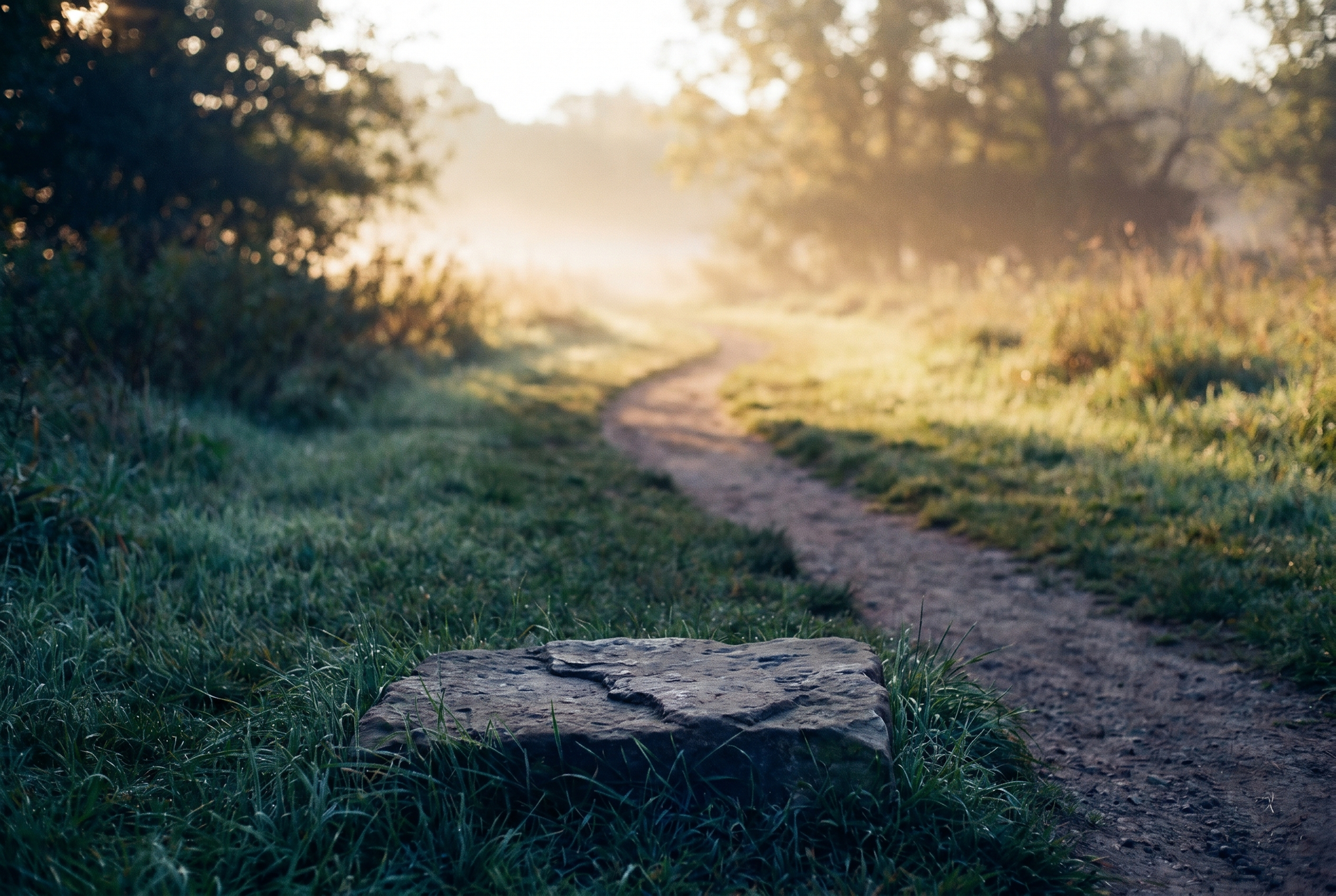 A single stepping stone at the start of a calm path, a small first step forward.