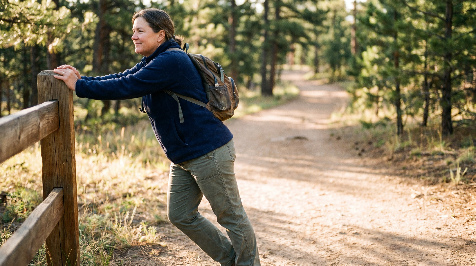 Hiker warming up at a trailhead before starting a hike.