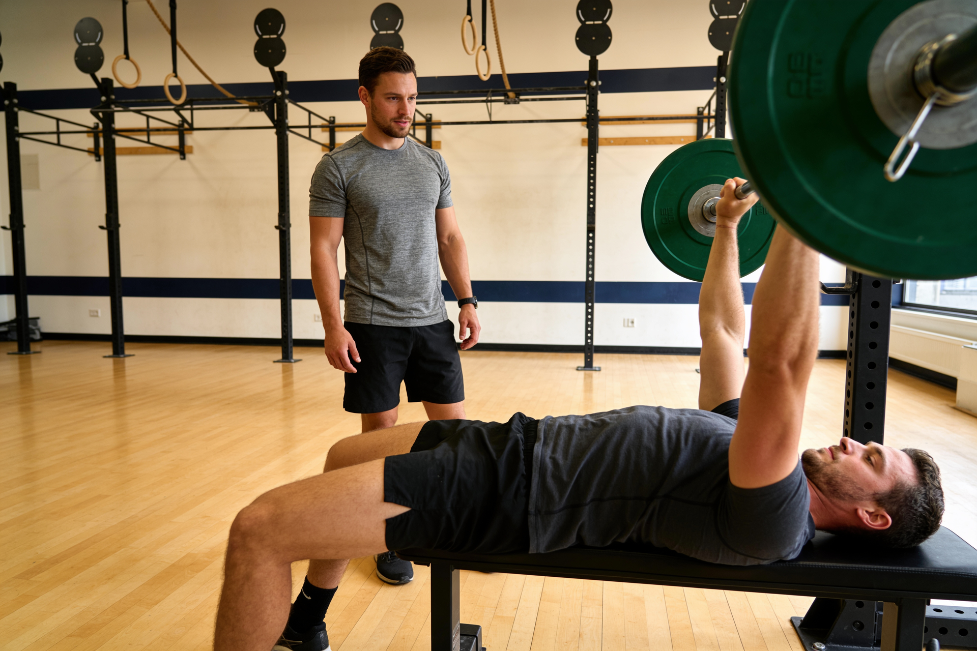 Coach checking a lifter's form from the side during a working set.