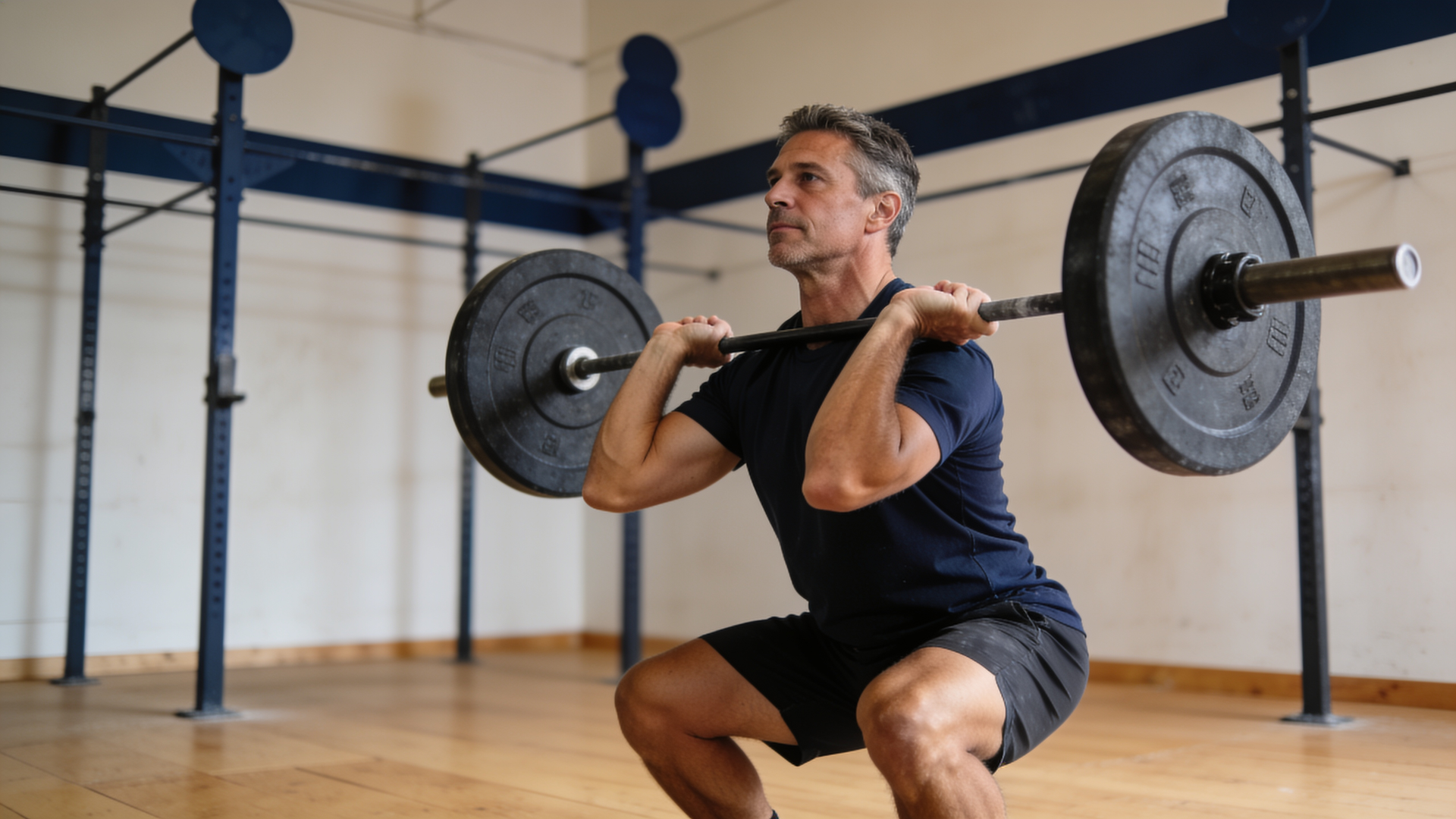 Man performing a power clean, catching the barbell at the shoulders in the front-rack position.