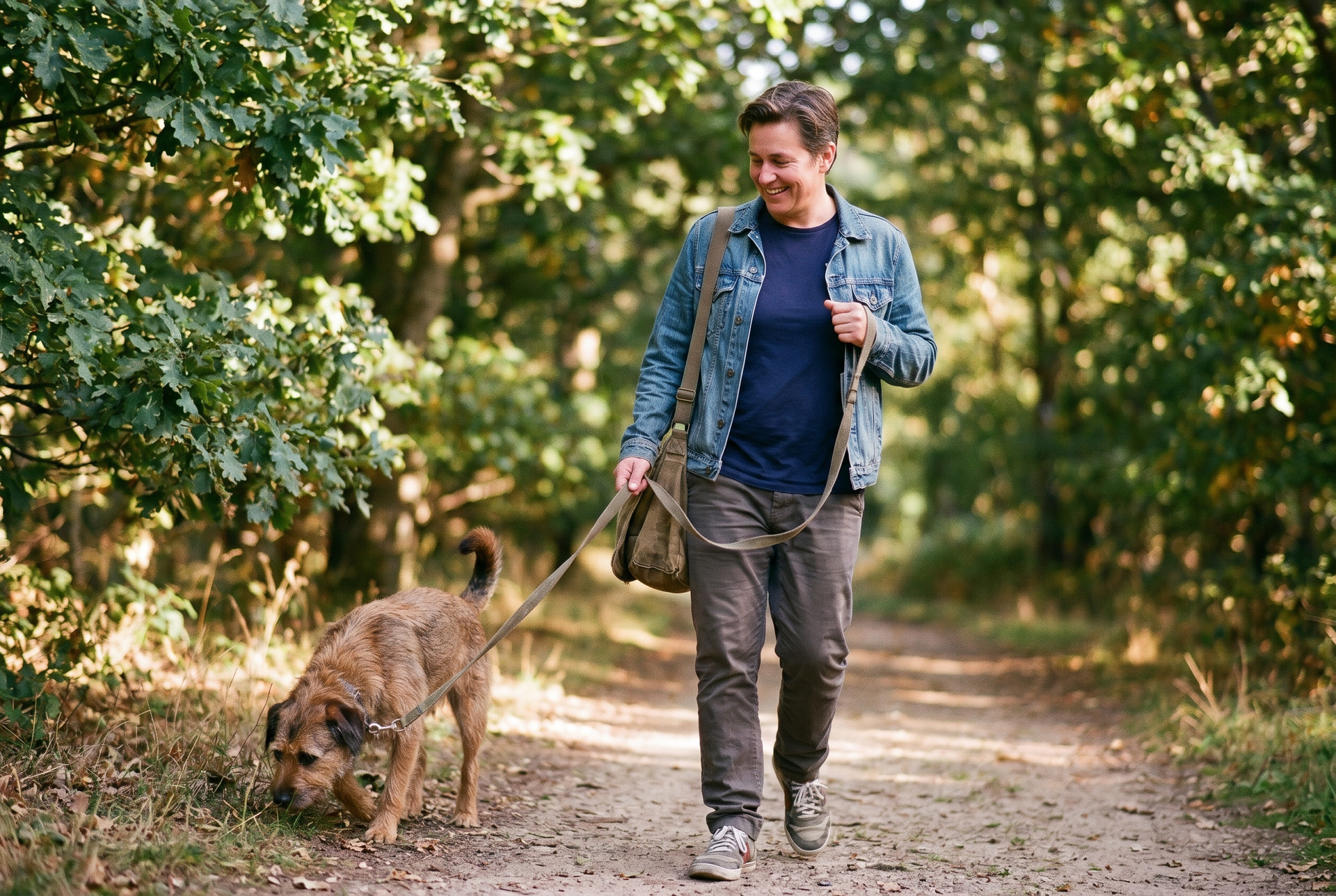 A stronger adult walking their dog through the neighborhood as part of everyday movement.
