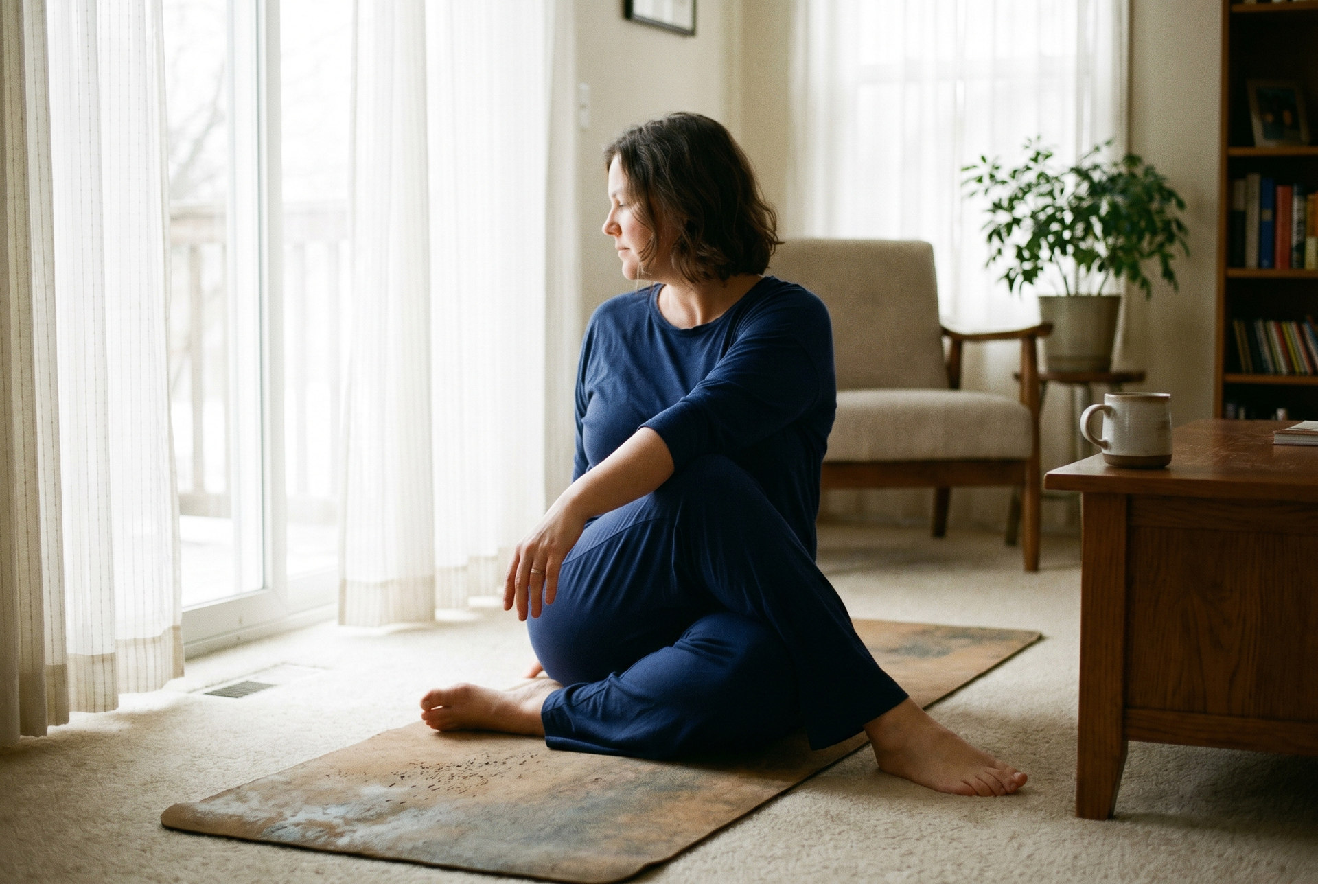 Person doing a short mobility routine at home, stacked onto an existing morning habit.